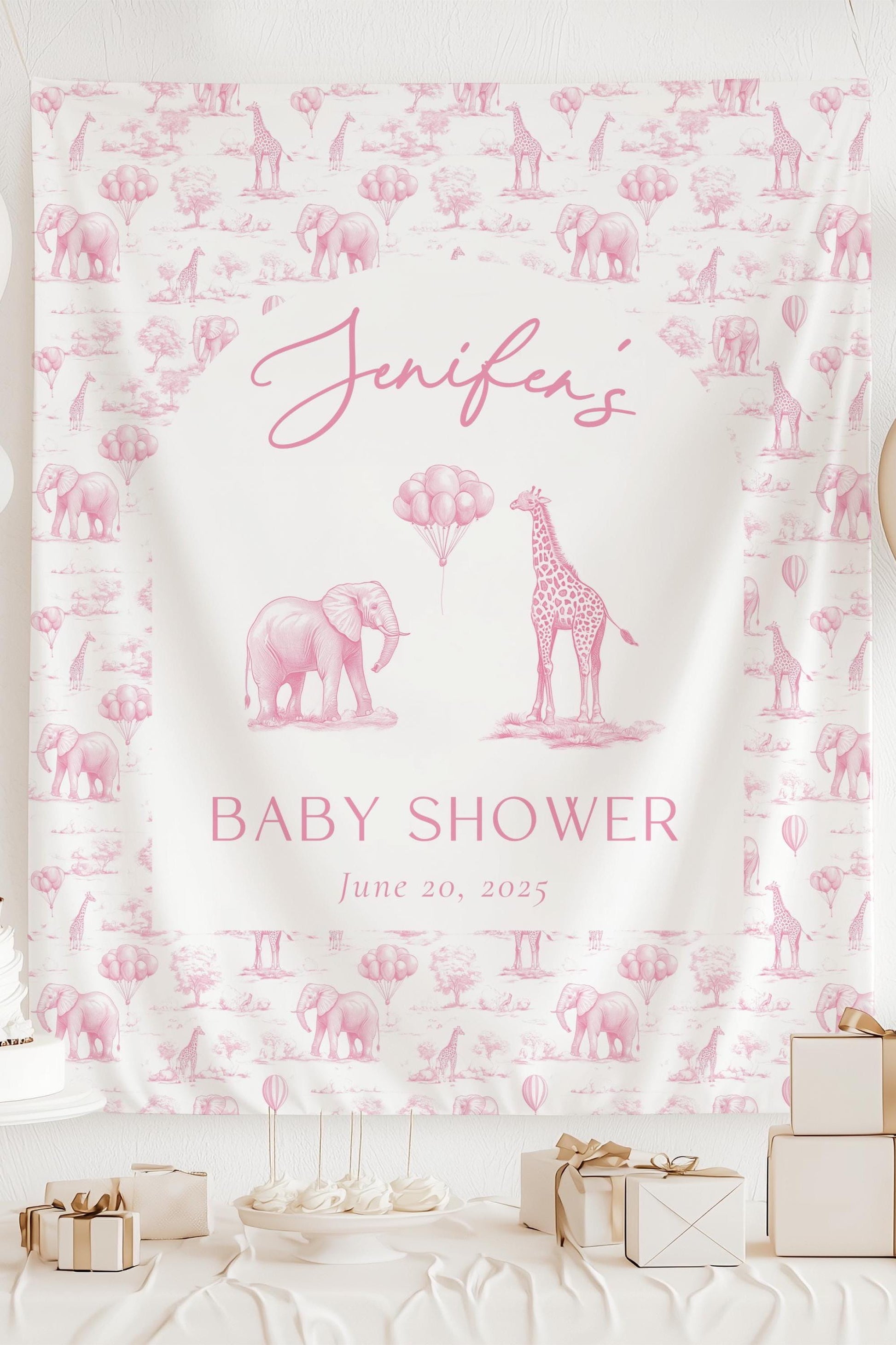 Custom Blush Pink Baby Shower Backdrop Toile Girl Baby Shower Wall Tapestry Chinoiserie Safari Shower Decoration Cute Pink Shower Tapestry - LAUMIANstudio