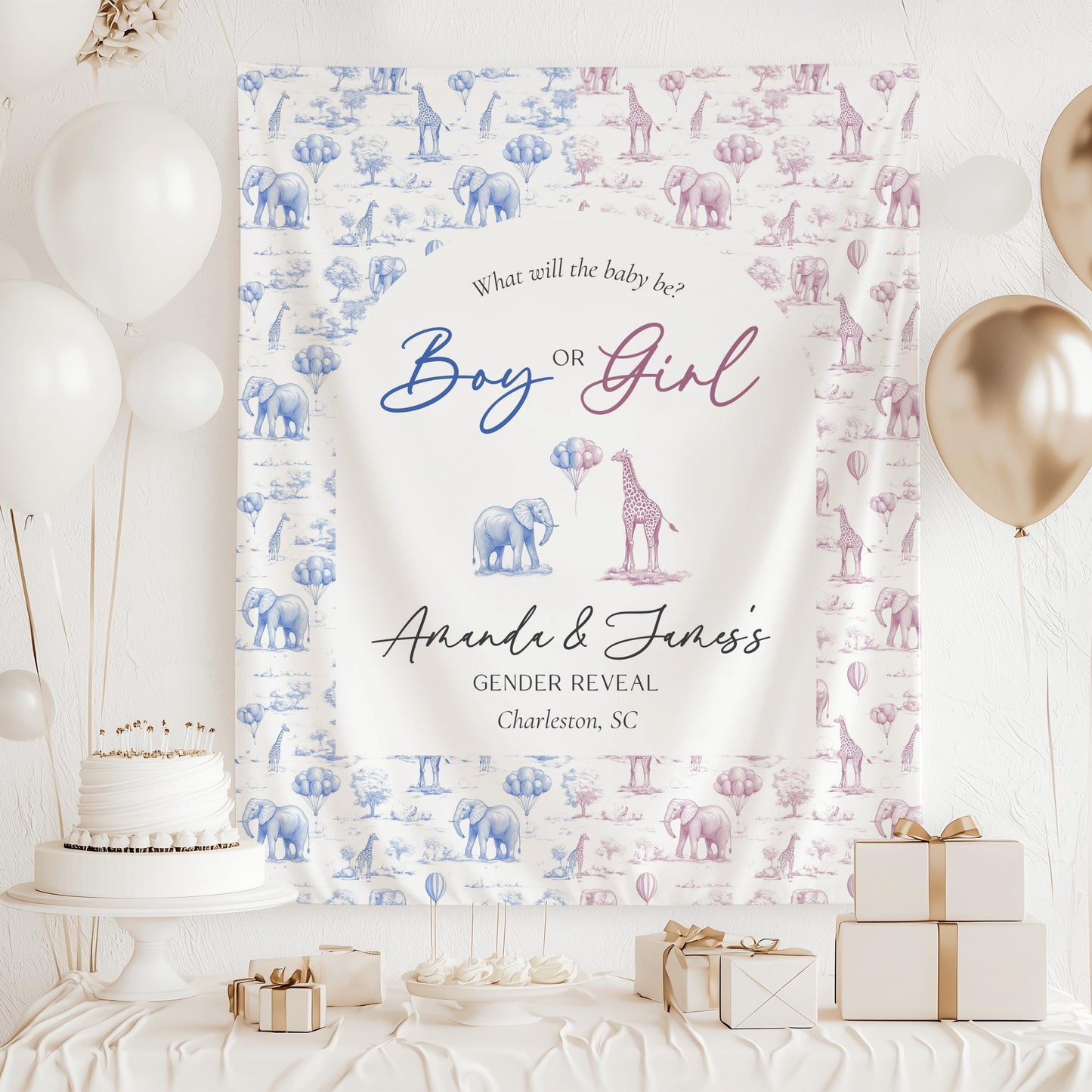 Neutral Gender Reveal Backdrop Beige Gender Reveal Party Decor Toile Beige Giant Backdrop Toile Animal Boy or Girl Backdrop He or She Reveal - LAUMIANstudio