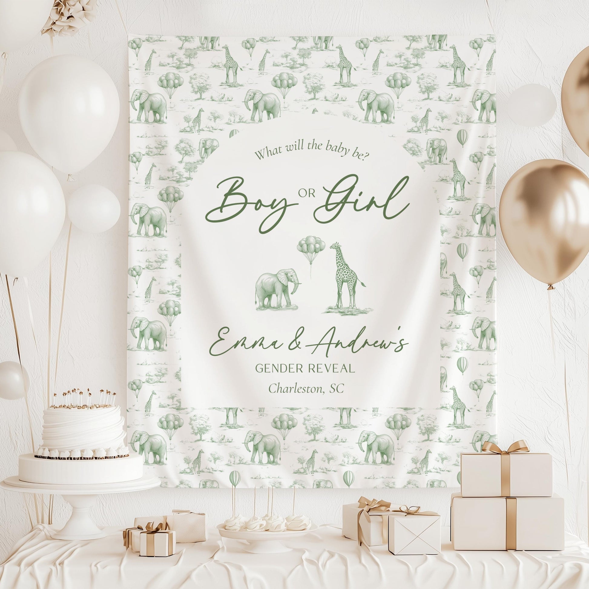 Neutral Gender Reveal Backdrop Beige Gender Reveal Party Decor Toile Beige Giant Backdrop Toile Animal Boy or Girl Backdrop He or She Reveal - LAUMIANstudio