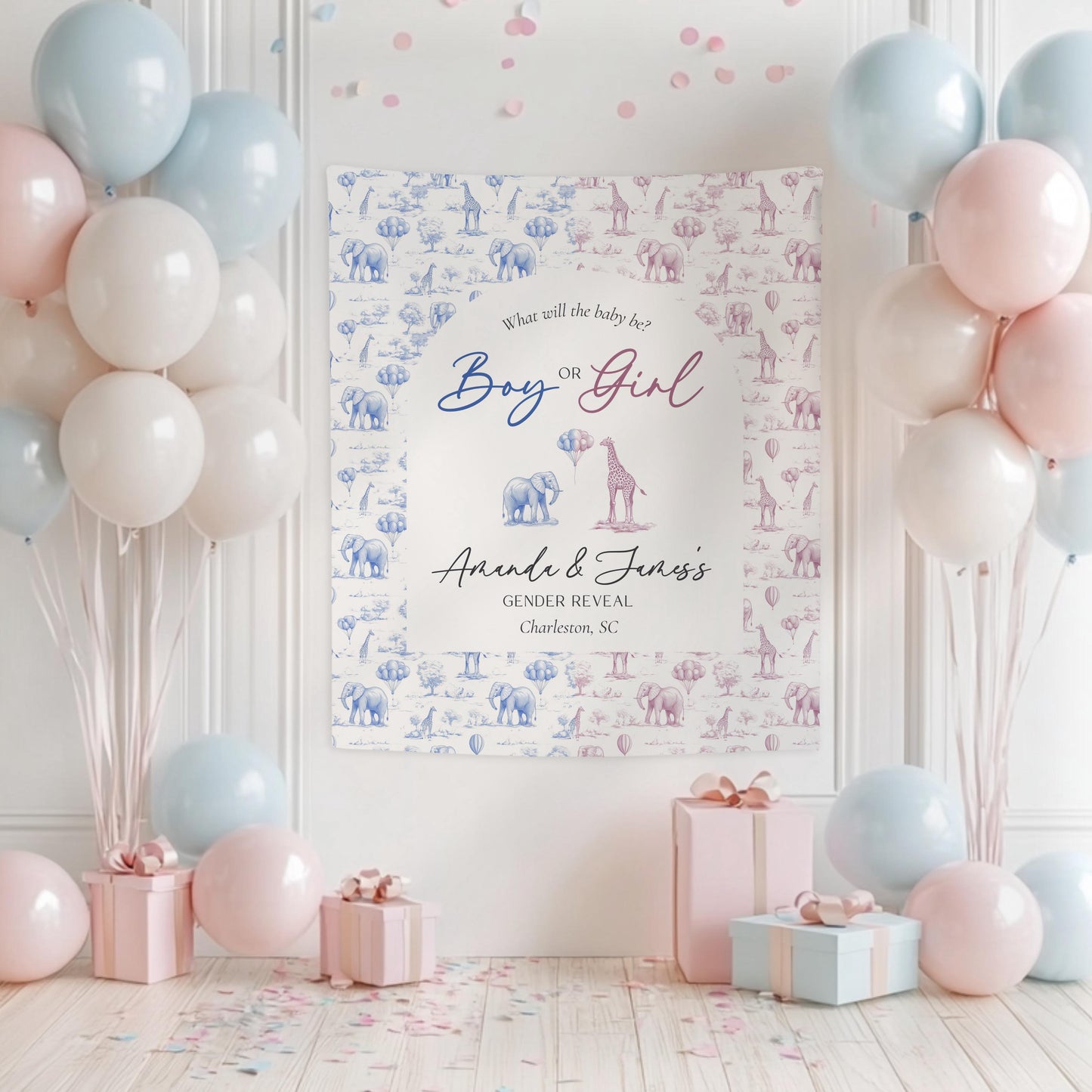 Neutral Gender Reveal Backdrop Beige Gender Reveal Party Decor Toile Beige Giant Backdrop Toile Animal Boy or Girl Backdrop He or She Reveal - LAUMIANstudio