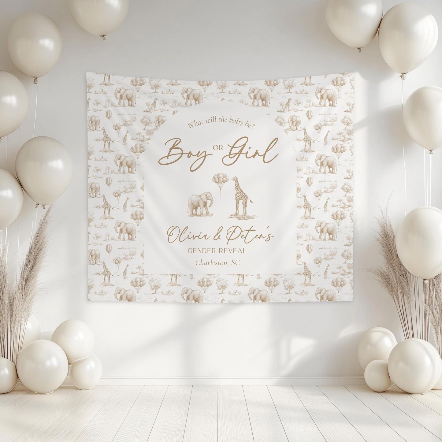 Neutral Gender Reveal Backdrop Beige Gender Reveal Party Decor Toile Beige Giant Backdrop Toile Animal Boy or Girl Backdrop He or She Reveal - LAUMIANstudio