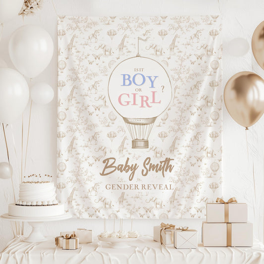 Whimsical Gender Reveal Banner Hot Air Balloon Print Custom Boho Baby Shower Backdrop Green Tapestry Butterfly Toile Green Elephant Backdrop - LAUMIANstudio