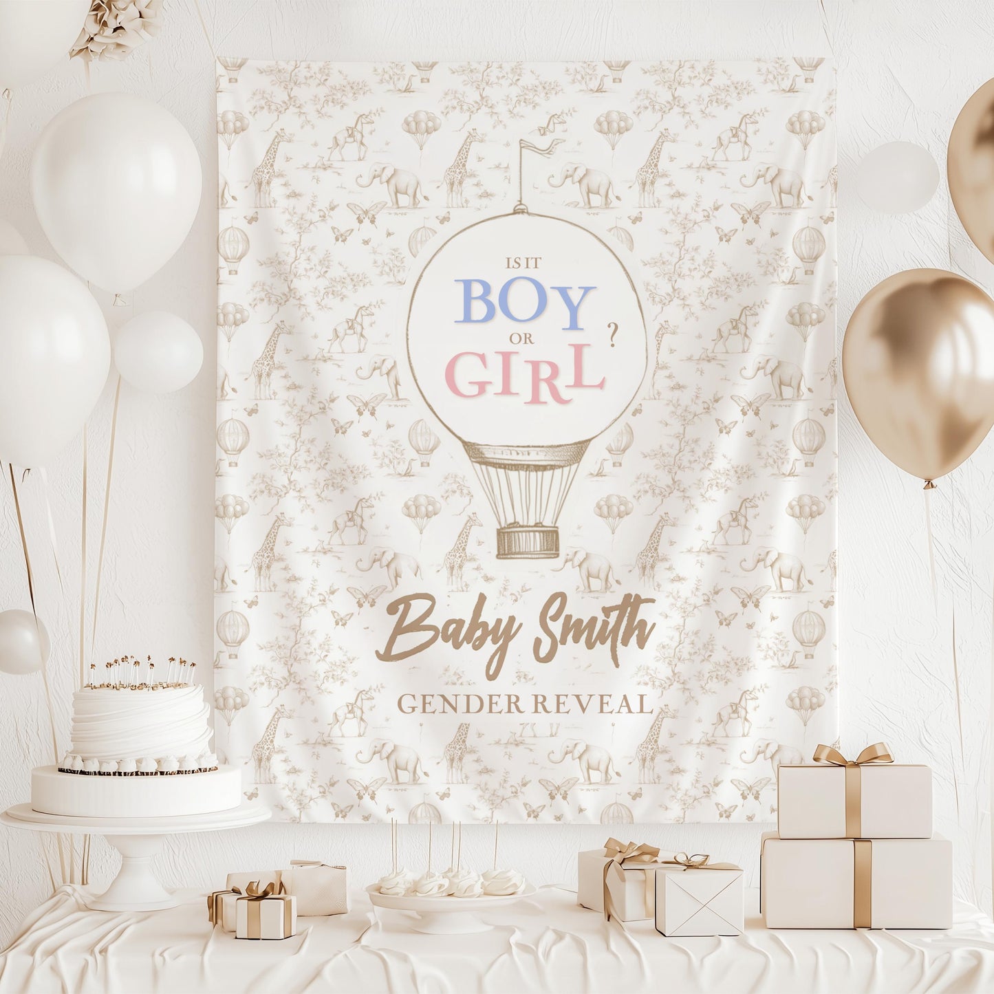 Boy or Girl Backdrop Custom Blue Pink Gender Reveal Tapestry Pastel Gender Reveal Backdrop Personalized Baby Shower Backdrop Hot Air Balloon - LAUMIANstudio