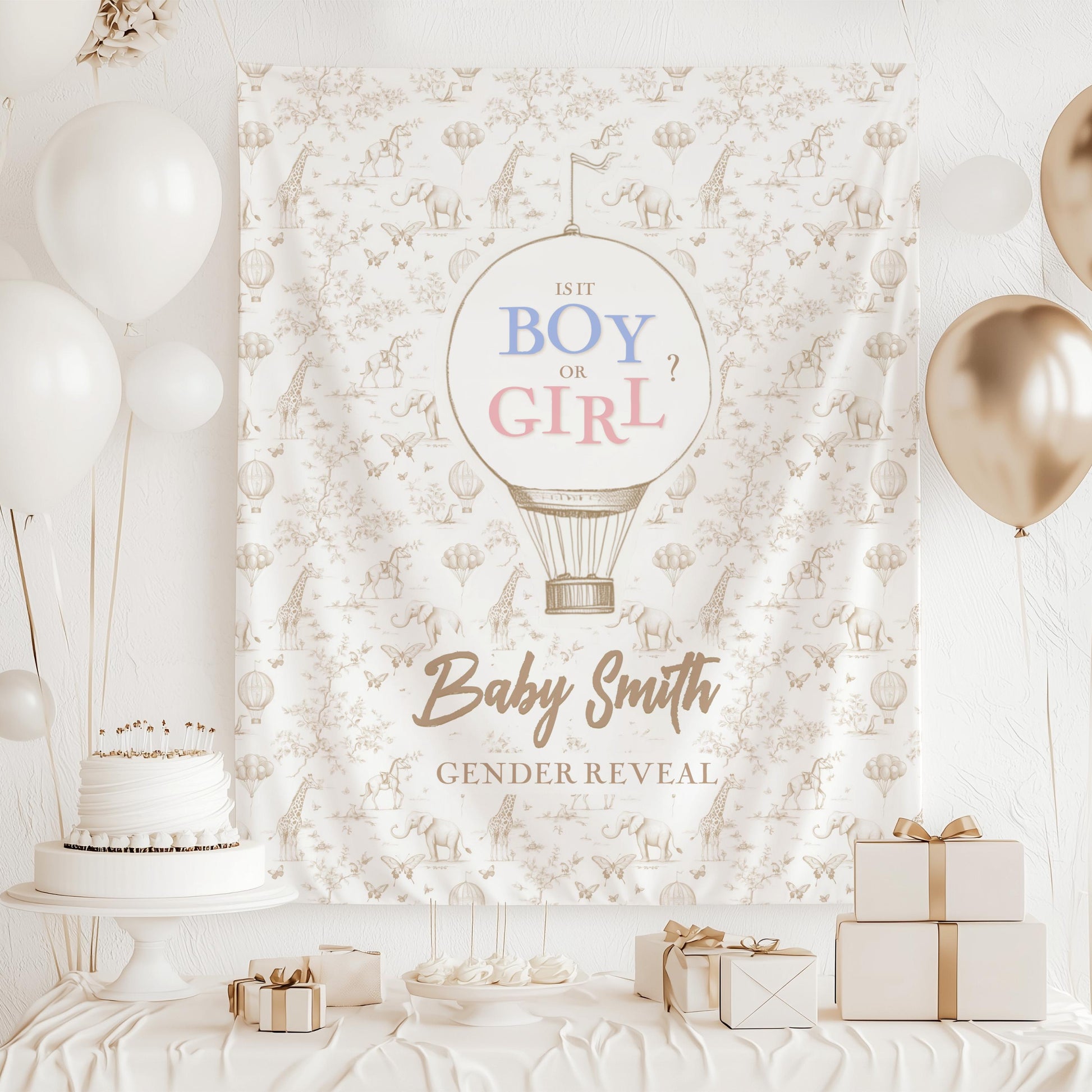 Boy or Girl Backdrop Custom Blue Pink Gender Reveal Tapestry Pastel Gender Reveal Backdrop Personalized Baby Shower Backdrop Hot Air Balloon - LAUMIANstudio