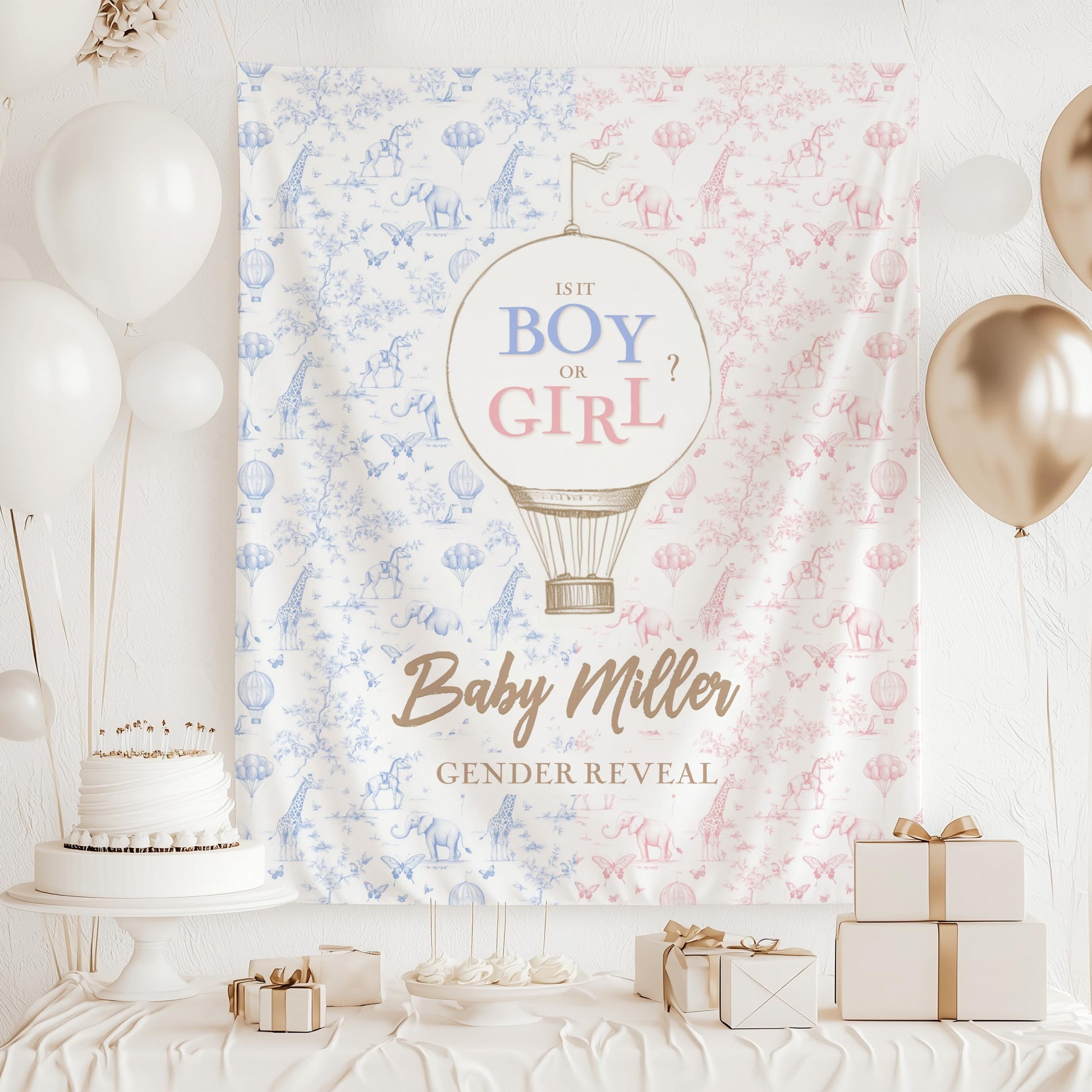 Whimsical Gender Reveal Banner Hot Air Balloon Print Custom Boho Baby Shower Backdrop Green Tapestry Butterfly Toile Green Elephant Backdrop - LAUMIANstudio