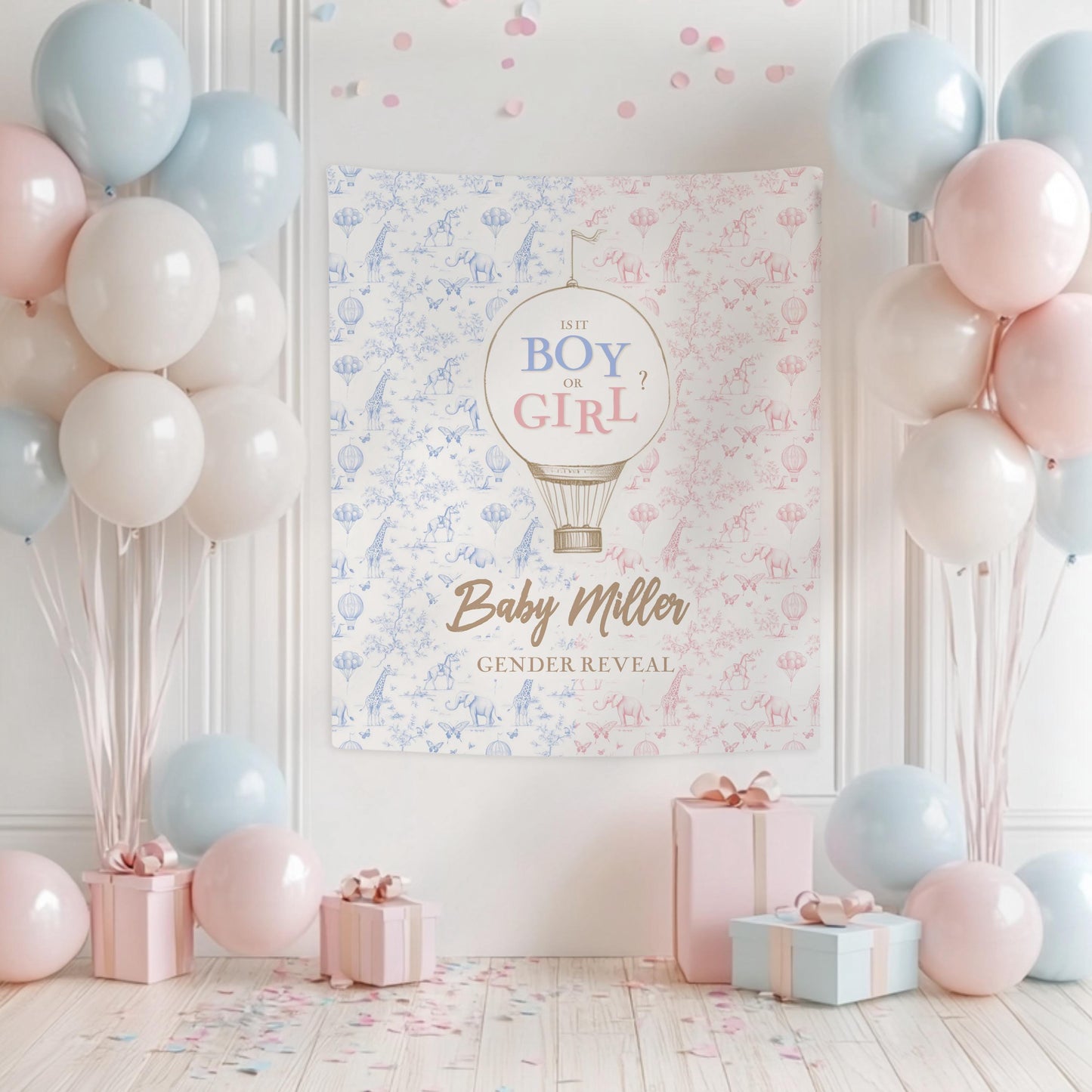 Boy or Girl Backdrop Custom Blue Pink Gender Reveal Tapestry Pastel Gender Reveal Backdrop Personalized Baby Shower Backdrop Hot Air Balloon - LAUMIANstudio
