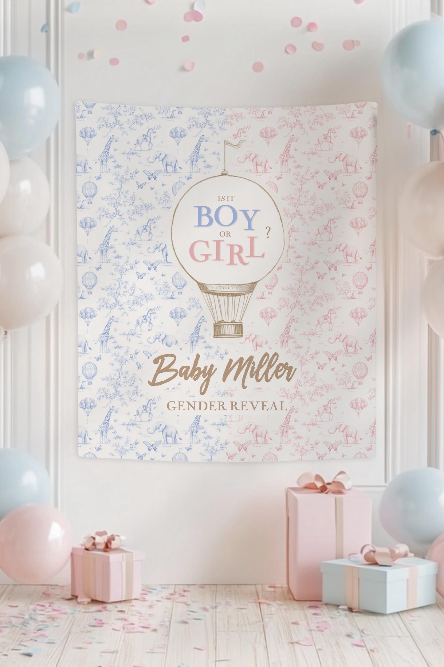 Boy or Girl Backdrop Custom Blue Pink Gender Reveal Tapestry Pastel Gender Reveal Backdrop Personalized Baby Shower Backdrop Hot Air Balloon - LAUMIANstudio