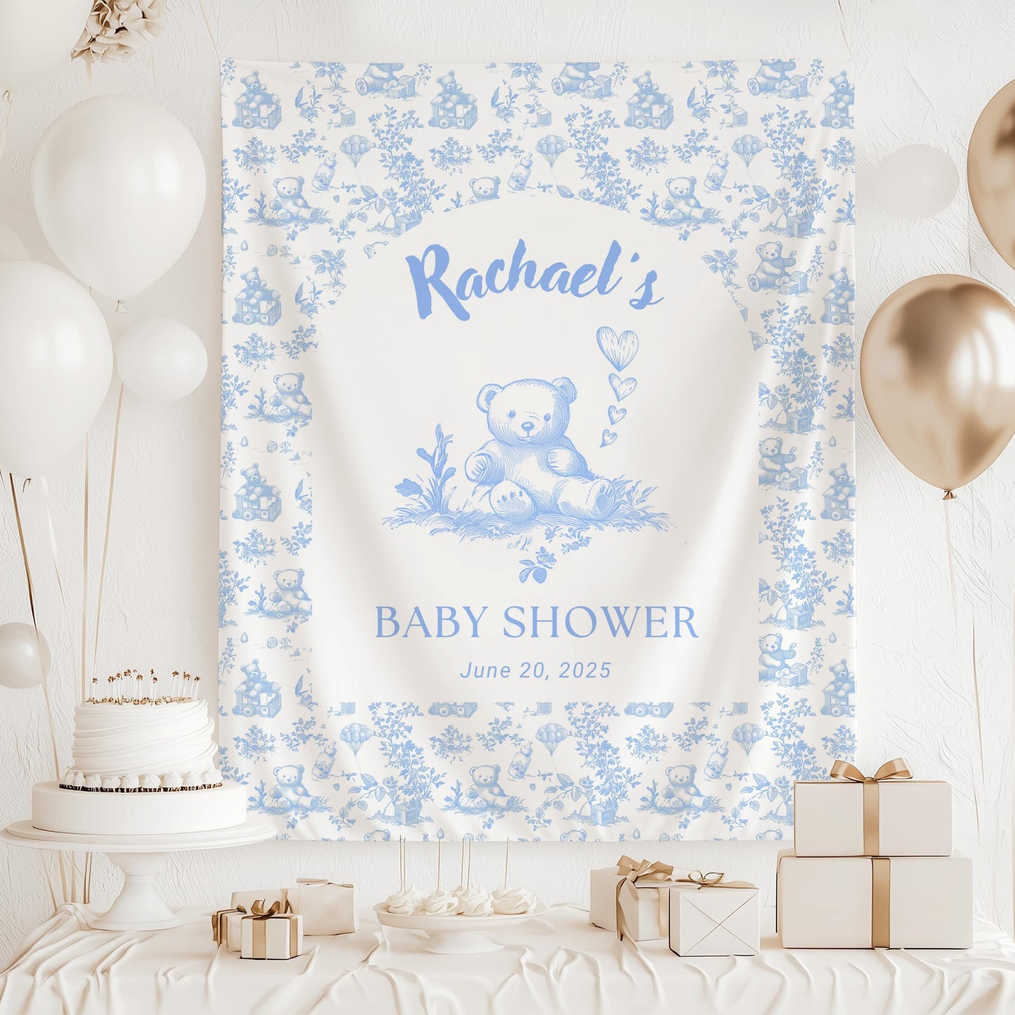 Custom Neutral Teddy Baby Shower Banner Toile Beige Nursery Decor Boho Bear Sign Beige Balloon Bear Shower Brown Bear Backdrop Neutral Sign - LAUMIANstudio