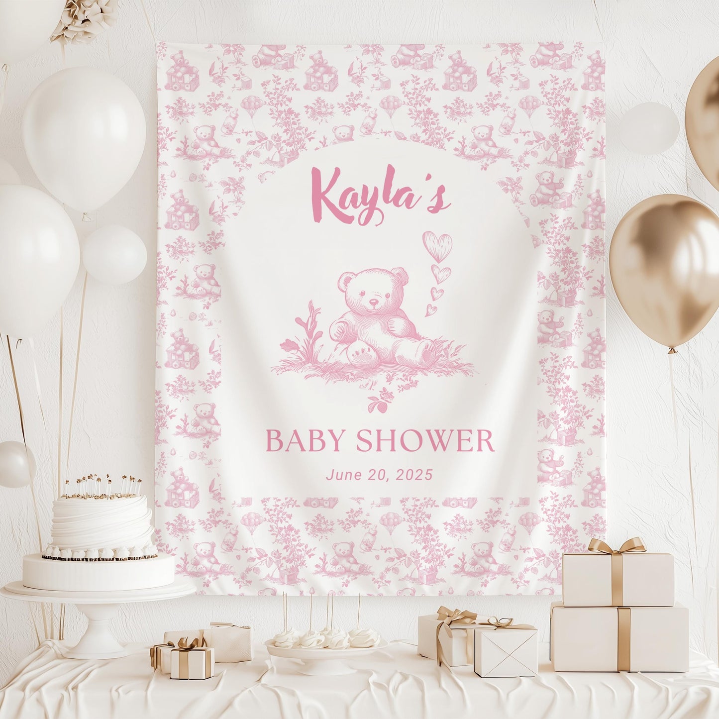 Custom Neutral Teddy Baby Shower Banner Toile Beige Nursery Decor Boho Bear Sign Beige Balloon Bear Shower Brown Bear Backdrop Neutral Sign - LAUMIANstudio