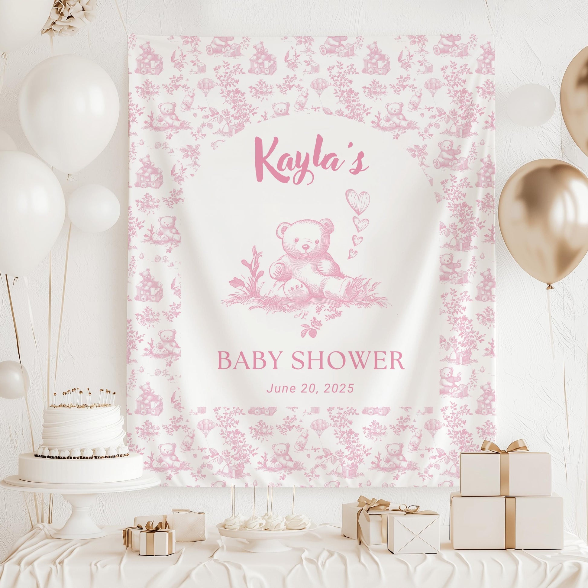 Custom Neutral Teddy Baby Shower Banner Toile Beige Nursery Decor Boho Bear Sign Beige Balloon Bear Shower Brown Bear Backdrop Neutral Sign - LAUMIANstudio