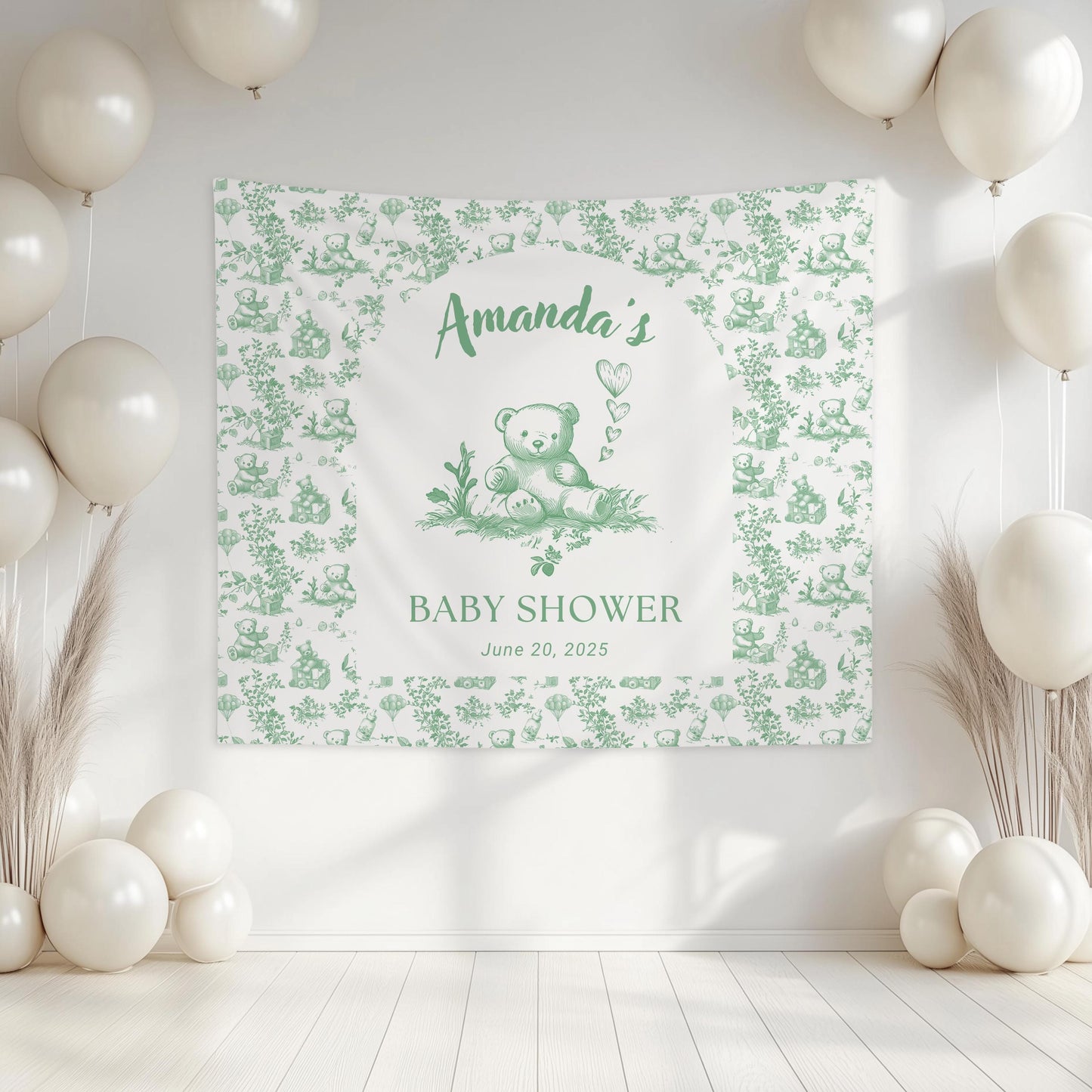 Baby Girl Baby Shower Banner Bear Pink Baby Shower Sign Balloon Bear Shower Decor Pink Girl Toile Backdrop Custom Pink Bear Shower Banner - LAUMIANstudio