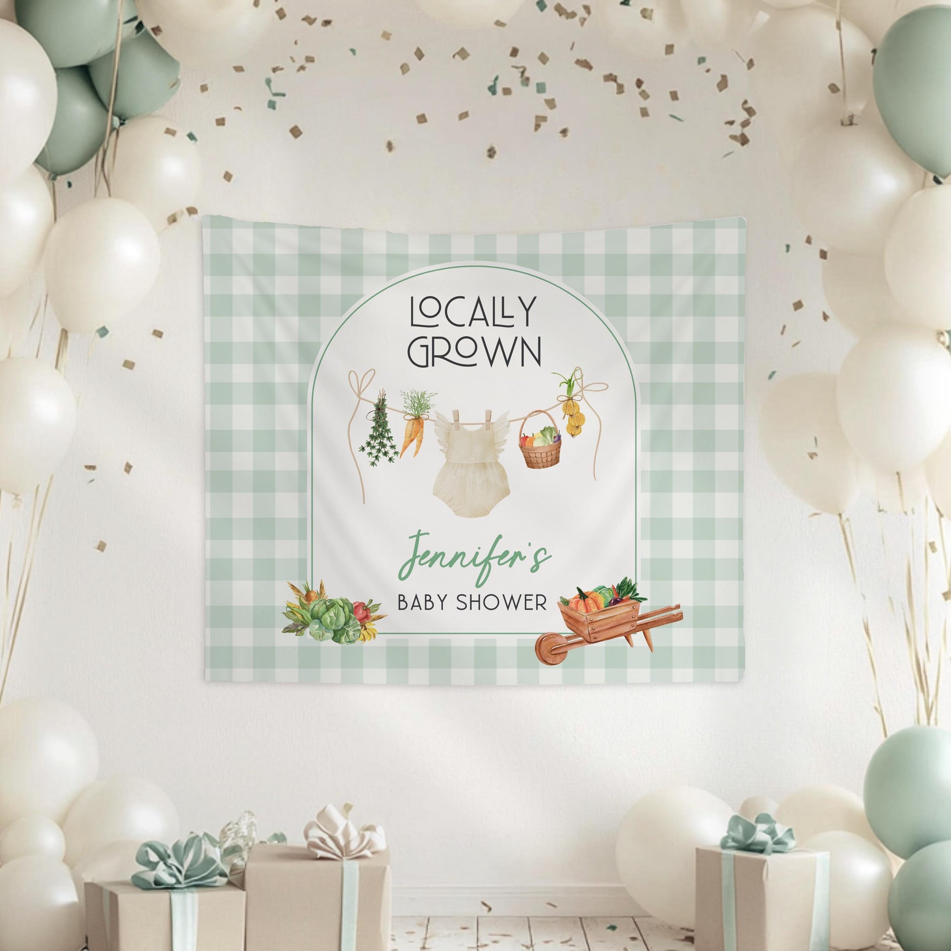 Custom Farmer Market Baby Shower Backdrop Locally Grown Baby Girl Party Decoration Fruit and Vegetable Baby Shower Banner Locally Grown Sign - LAUMIANstudio