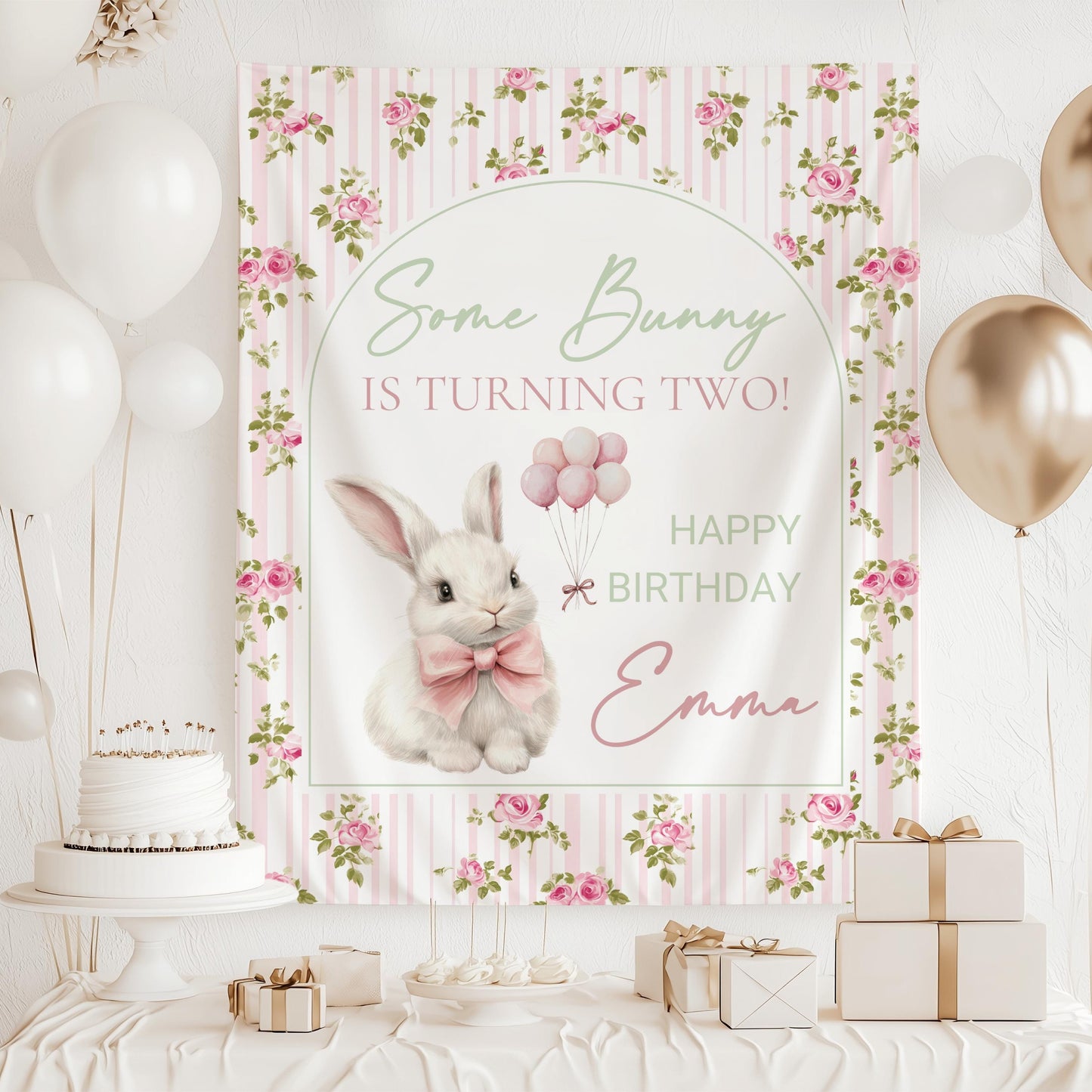 Personalized Bunny is Turning Three Sign Spring Birthday Party Backdrop Cute Bunny Pink Banner Idea Bunny Birthday Party Decor Bunny Sign - LAUMIANstudio
