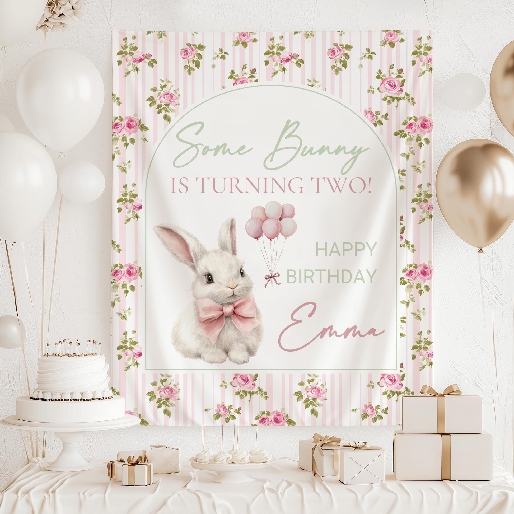 Personalized Bunny is Turning Three Sign Spring Birthday Party Backdrop Cute Bunny Pink Banner Idea Bunny Birthday Party Decor Bunny Sign - LAUMIANstudio