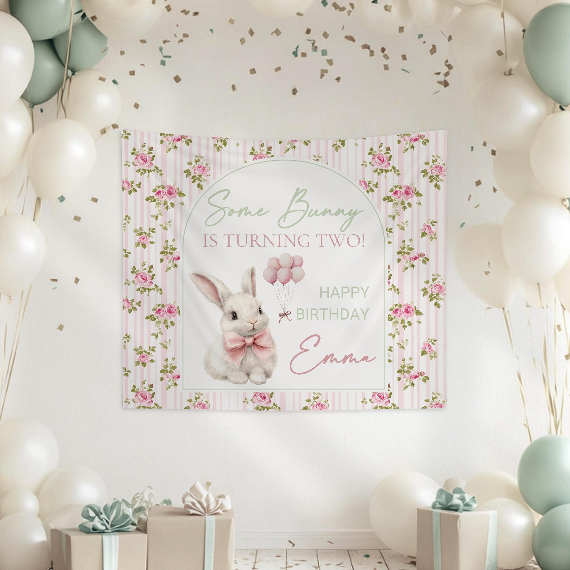 Personalized Bunny is Turning Three Sign Spring Birthday Party Backdrop Cute Bunny Pink Banner Idea Bunny Birthday Party Decor Bunny Sign - LAUMIANstudio