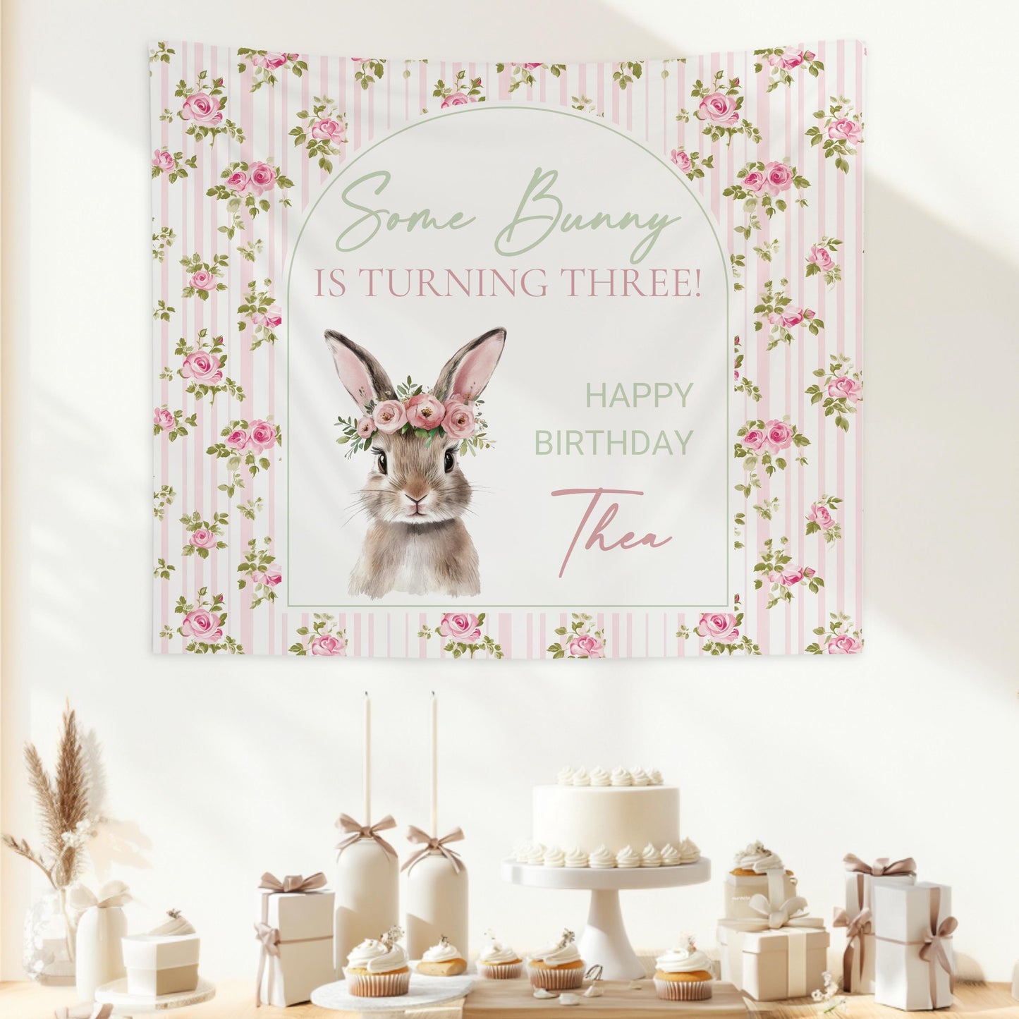 Personalized Bunny is Turning Three Sign Spring Birthday Party Backdrop Cute Bunny Pink Banner Idea Bunny Birthday Party Decor Bunny Sign - LAUMIANstudio