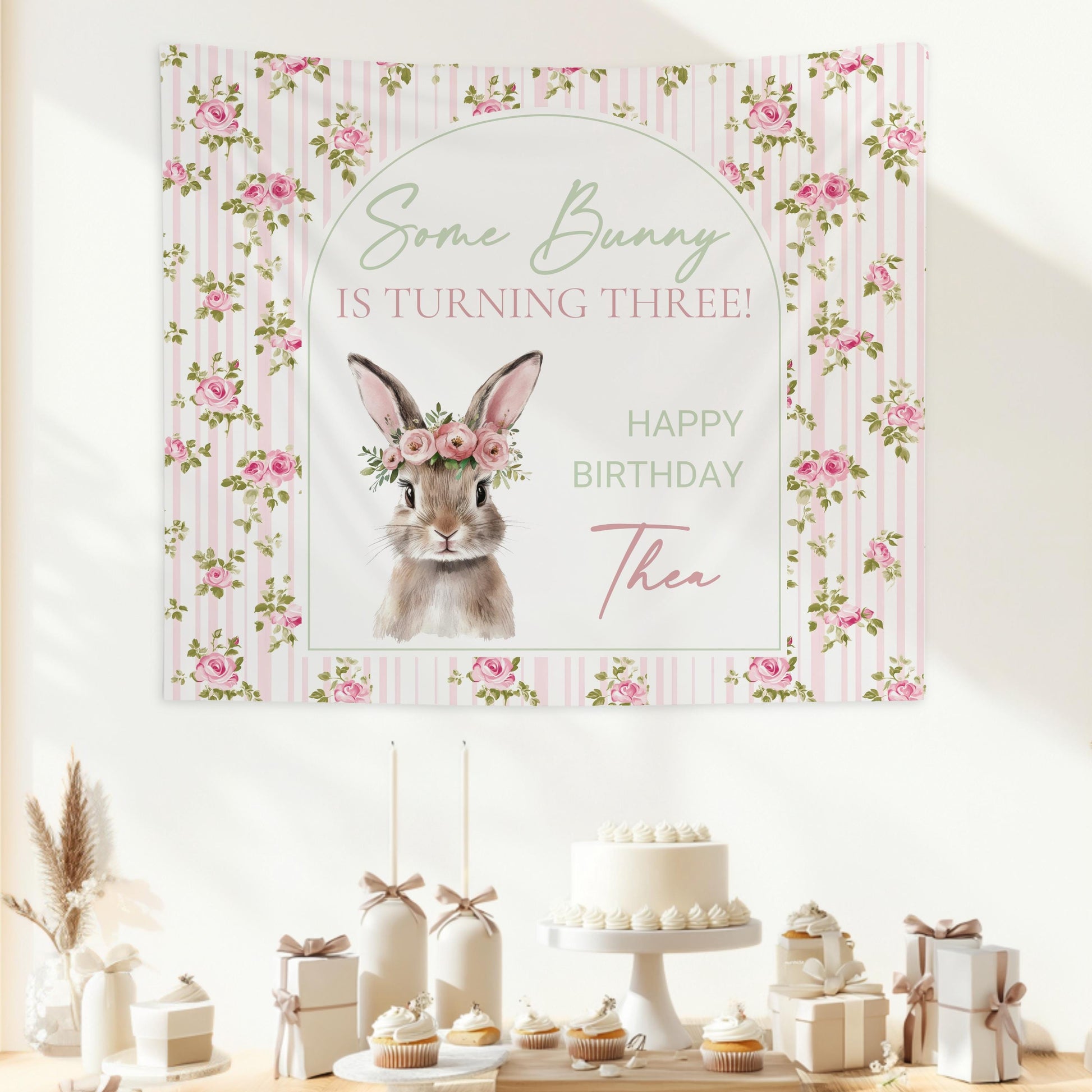 Personalized Bunny is Turning Three Sign Spring Birthday Party Backdrop Cute Bunny Pink Banner Idea Bunny Birthday Party Decor Bunny Sign - LAUMIANstudio