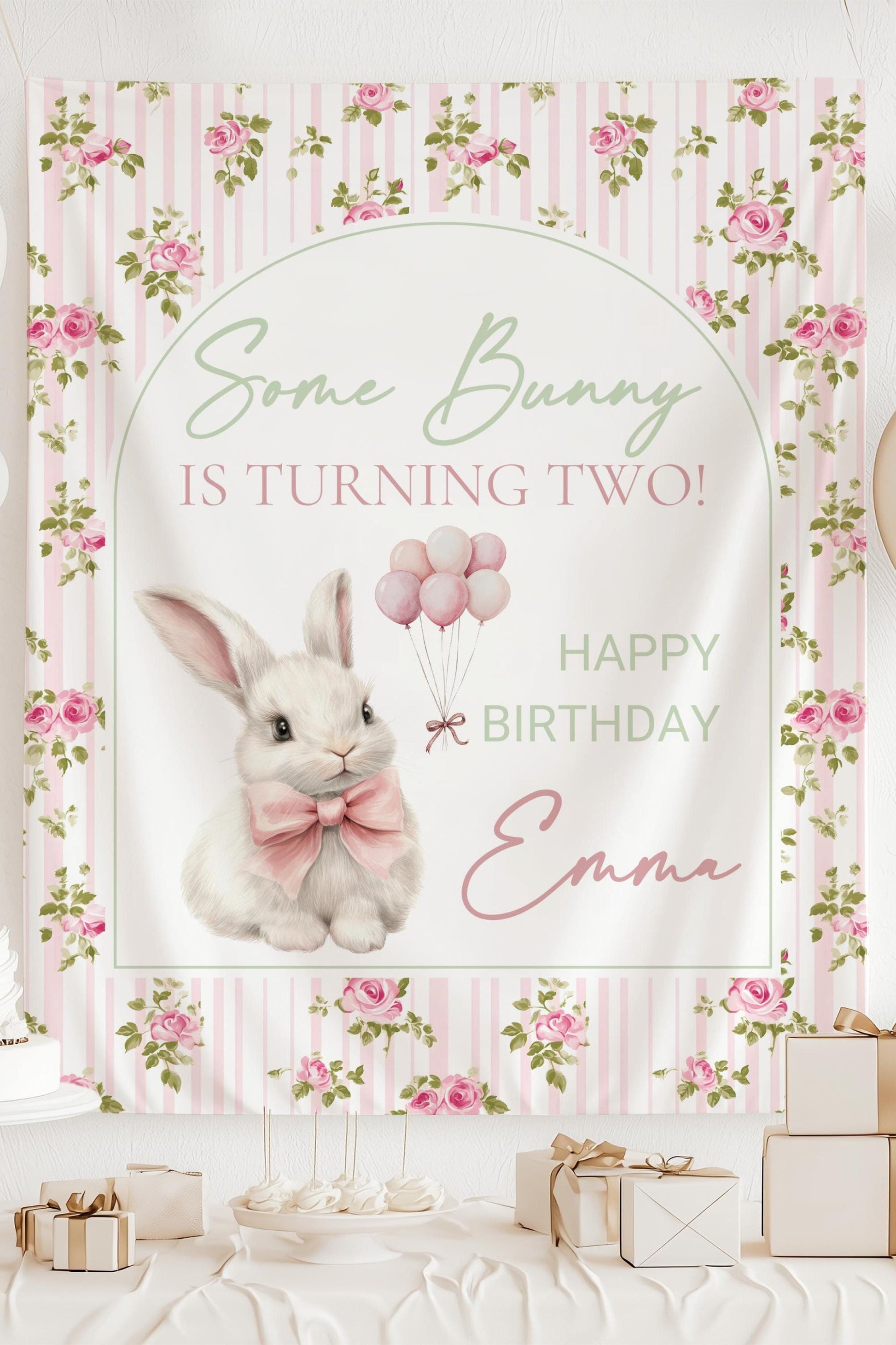 Custom Bunny 2nd Birthday Decor Bunny Easter Birthday Banner Some Bunny is Two Birthday Celebration Decor Spring Birthday Garder Party Sign - LAUMIANstudio