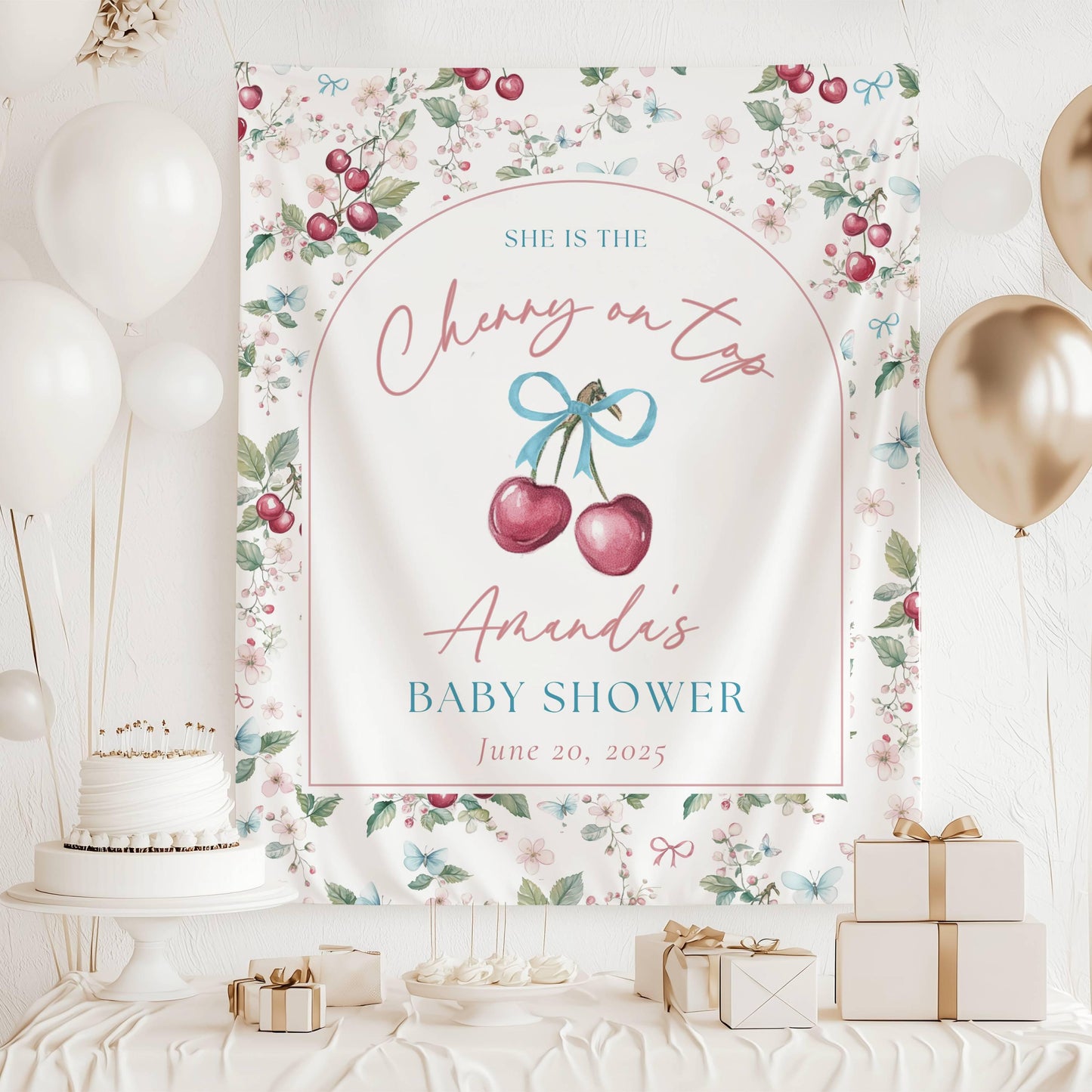 Custom Cherry On Top Baby Shower Decor Coquette Cherry Shower Backdrop Cherry Bow Welcome Sign Its a Girl Welcome Banner Cherry on Top Sign - LAUMIANstudio