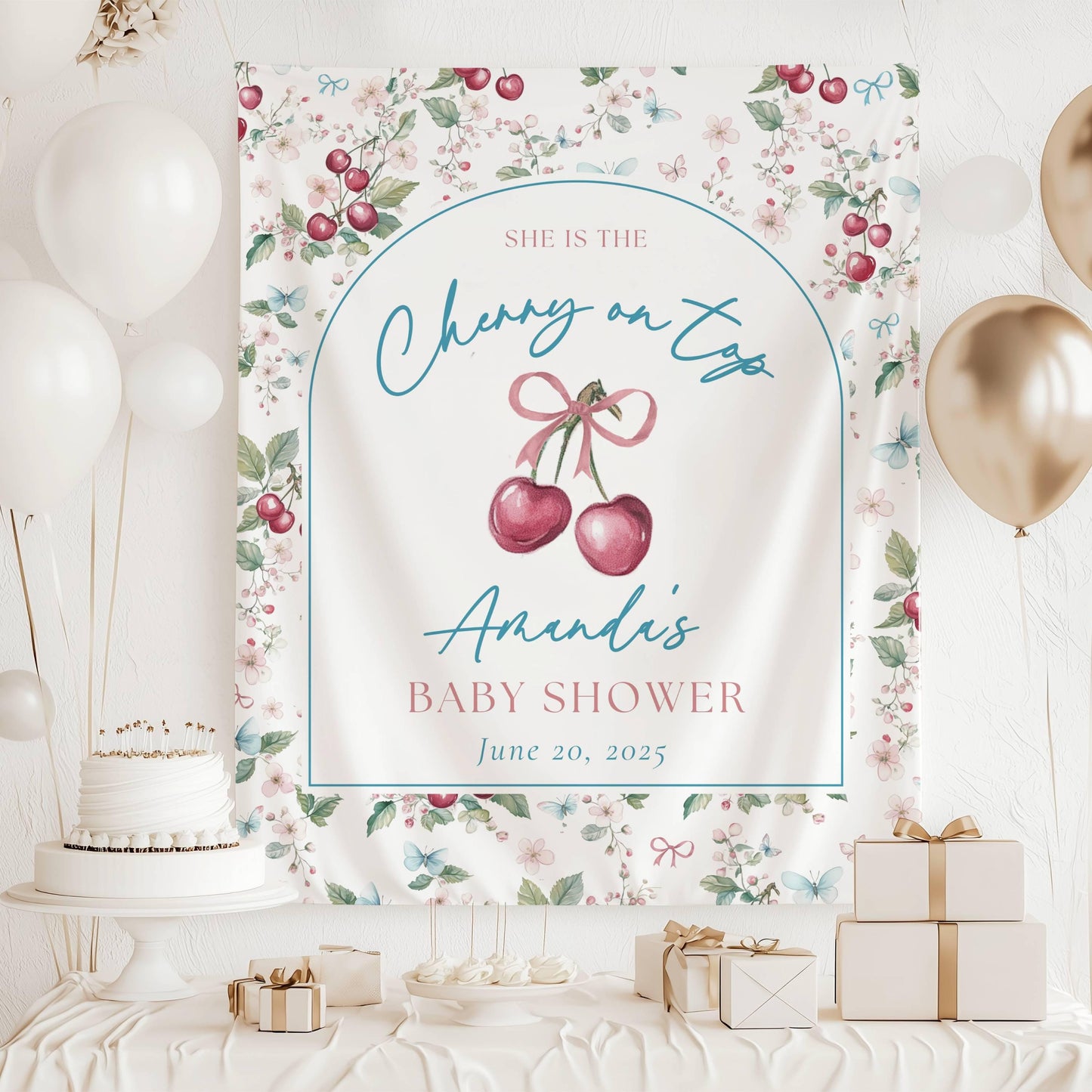 Custom Cherry On Top Baby Shower Decor Coquette Cherry Shower Backdrop Cherry Bow Welcome Sign Its a Girl Welcome Banner Cherry on Top Sign - LAUMIANstudio
