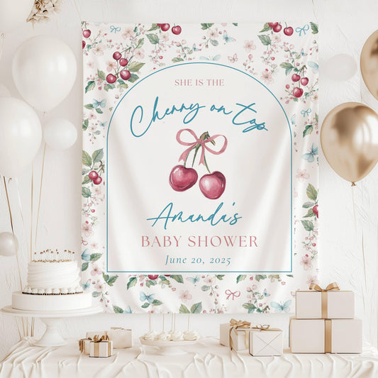 Custom Cherry On Top Baby Shower Decor Coquette Cherry Shower Backdrop Cherry Bow Welcome Sign Its a Girl Welcome Banner Cherry on Top Sign - LAUMIANstudio