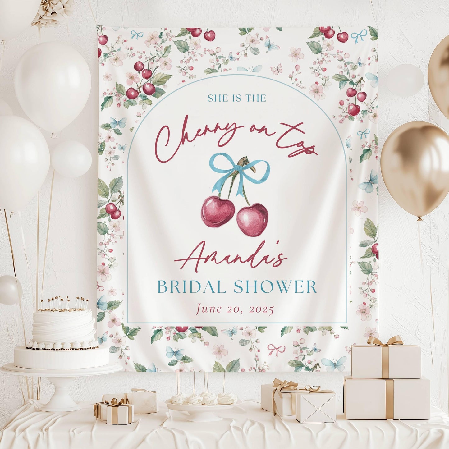 Custom Cherry On Top Bridal Shower Sign Cherry On Top Bachelorette Backdrop Bow Coquette Bridal Shower Banner Summer Bach Party Decor Cherry - LAUMIANstudio