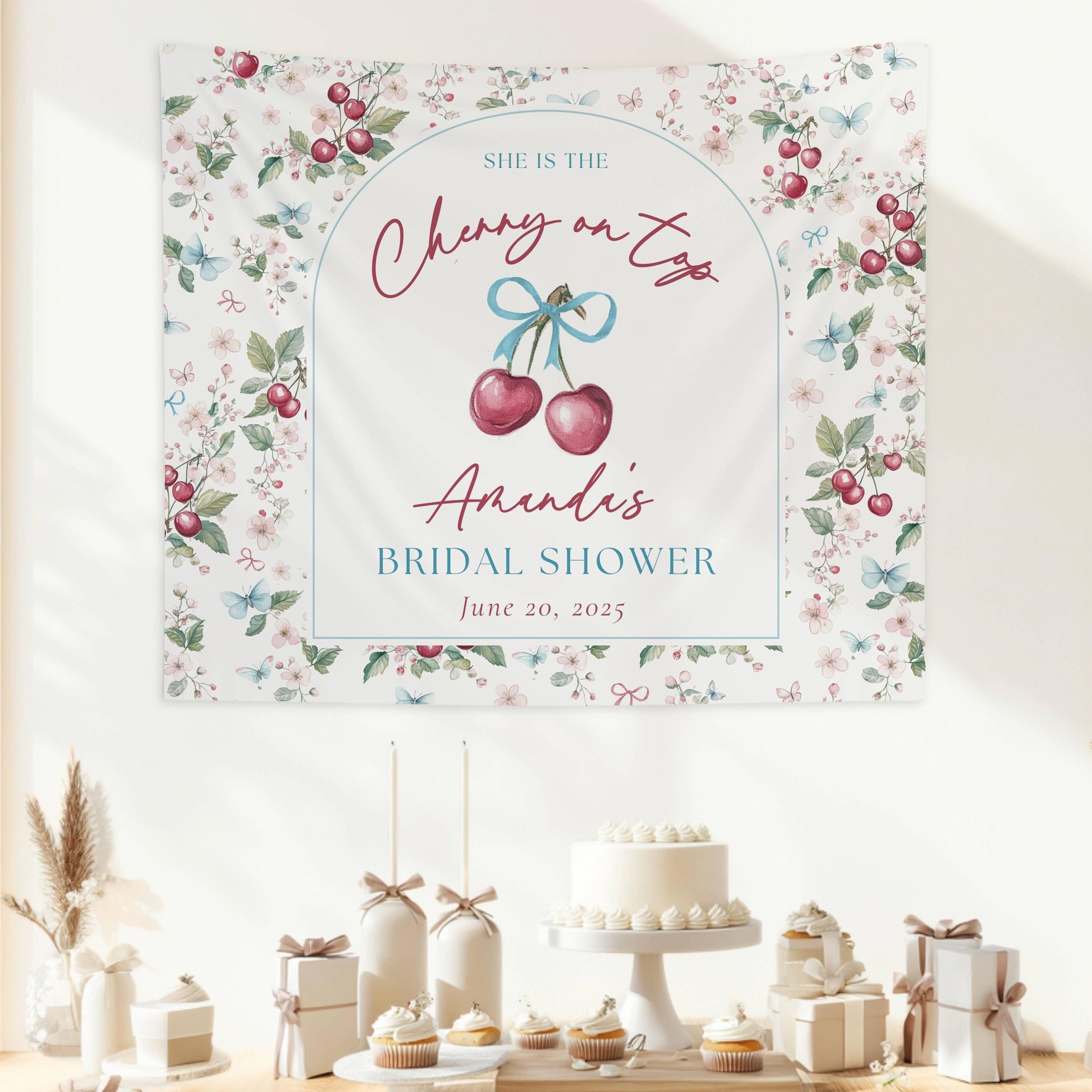 Custom Cherry On Top Bridal Shower Sign Cherry On Top Bachelorette Backdrop Bow Coquette Bridal Shower Banner Summer Bach Party Decor Cherry - LAUMIANstudio