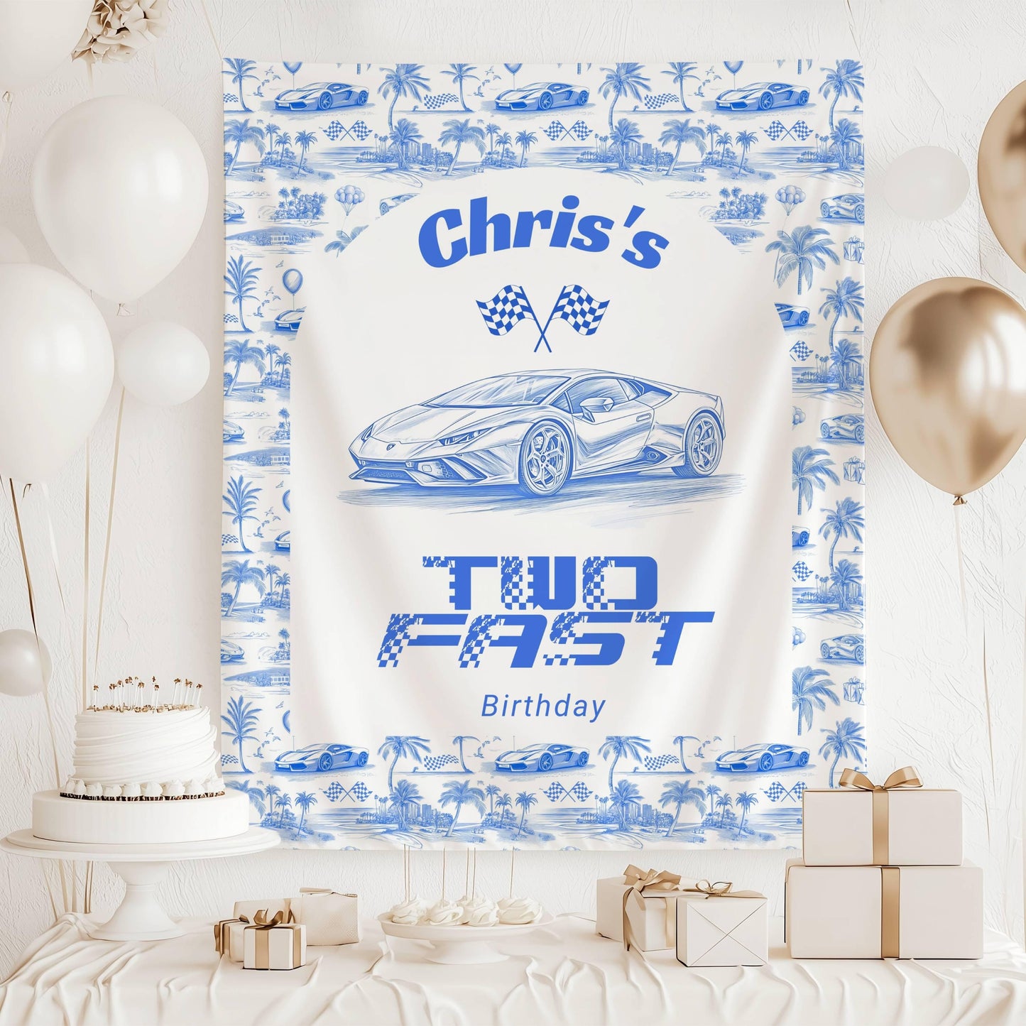 Second Birthday Blue Race Car Backdrop Two Fast Theme Birthday Decoration 2nd Birthday Boy Car Banner Toile Race Car Sign Two Fast Birthday - LAUMIANstudio