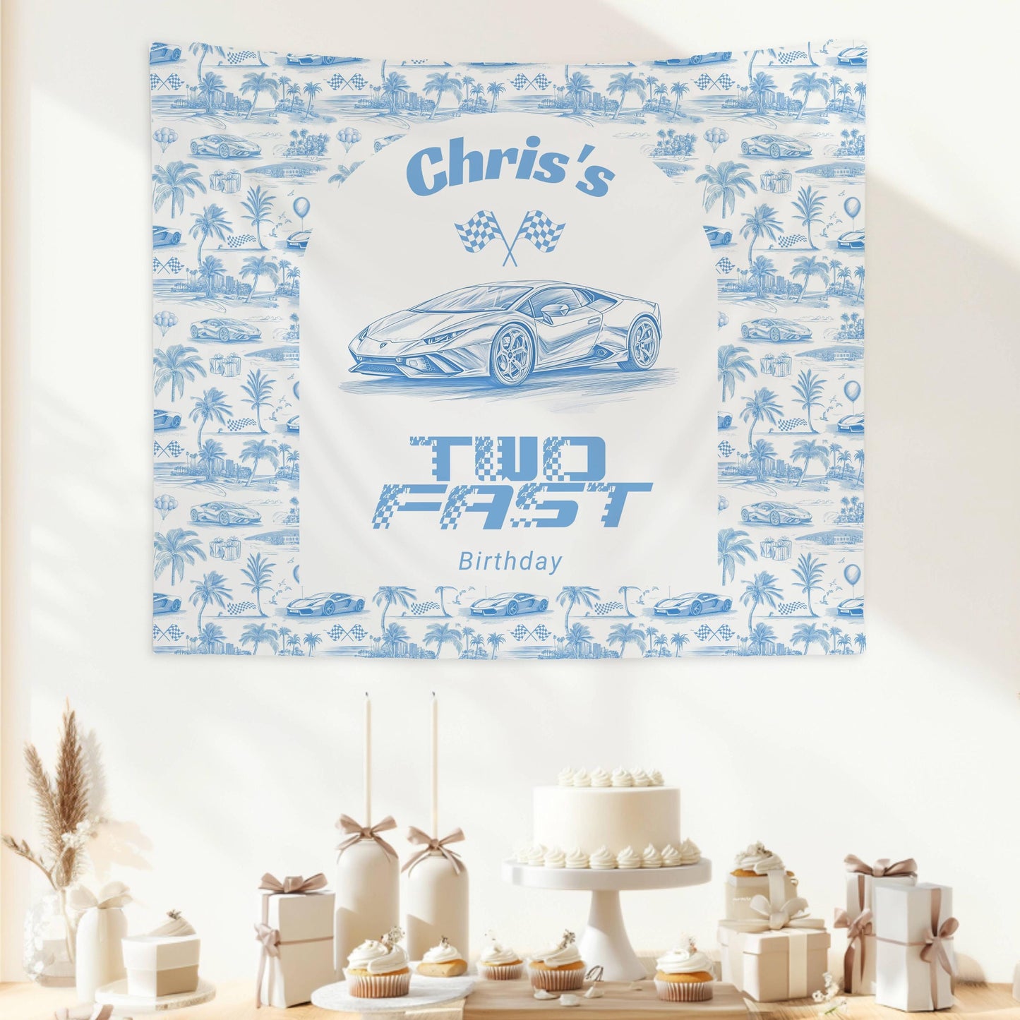 Second Birthday Blue Race Car Backdrop Two Fast Theme Birthday Decoration 2nd Birthday Boy Car Banner Toile Race Car Sign Two Fast Birthday - LAUMIANstudio