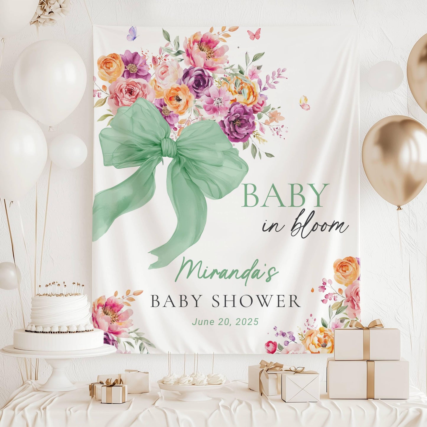 Personalized Boy Baby Bloom Sign Bow Blue Baby Bloom Backdrop Blue Baby in Bloom Baby Shower Decor Baby Boy Shower Photo Backdrop Blue Bow - LAUMIANstudio