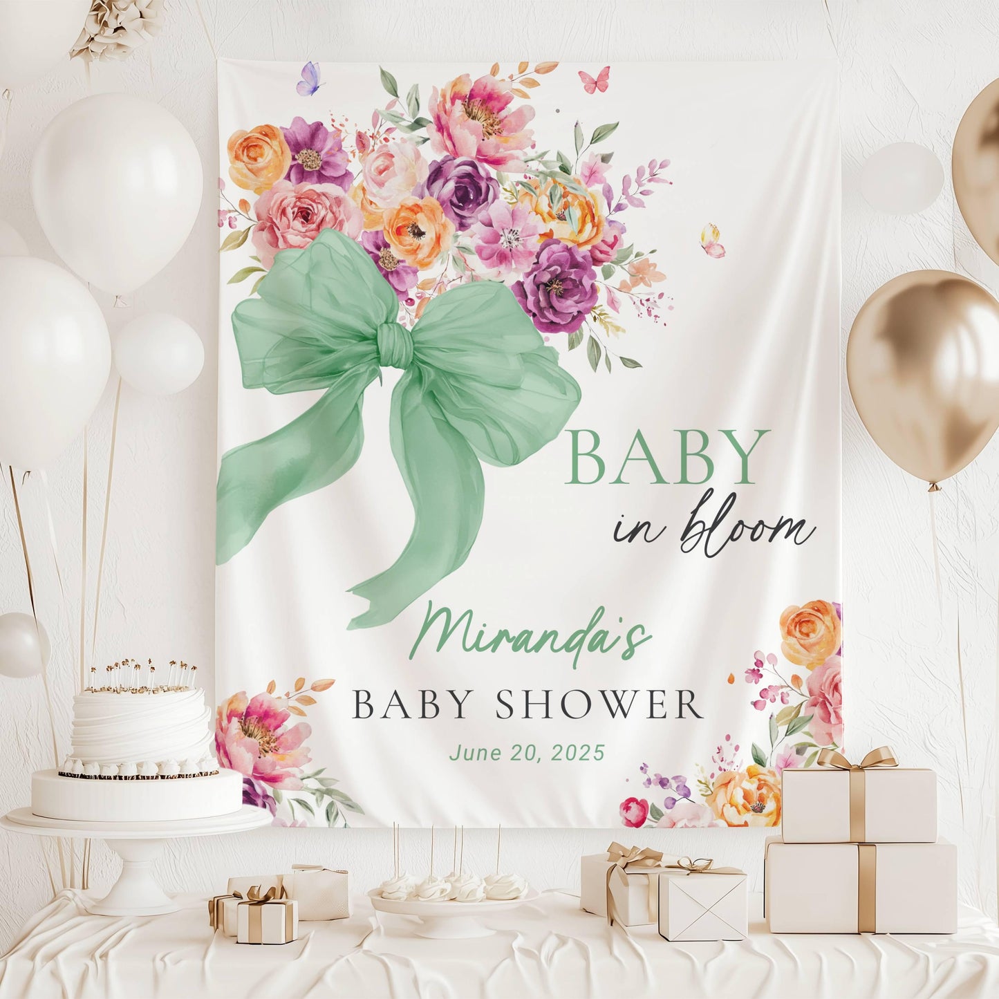Baby in Bloom Baby Shower Decoration Custom Baby in Bloom Backdrop Pink Bow Photo Backdrop Spring Garden Shower Banner Floral Shower Sign - LAUMIANstudio