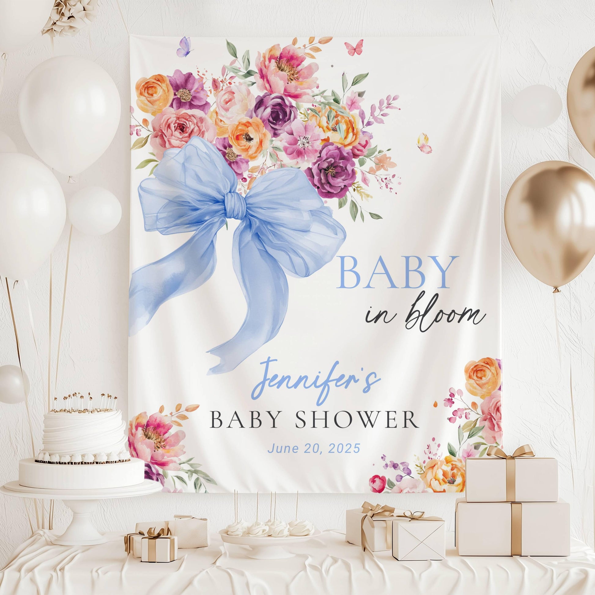 Baby in Bloom Baby Shower Decoration Custom Baby in Bloom Backdrop Pink Bow Photo Backdrop Spring Garden Shower Banner Floral Shower Sign - LAUMIANstudio