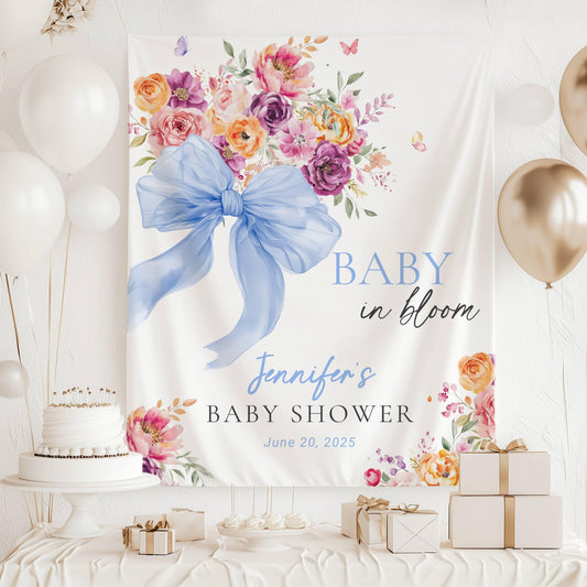 Baby in Bloom Baby Shower Decoration Custom Baby in Bloom Backdrop Pink Bow Photo Backdrop Spring Garden Shower Banner Floral Shower Sign - LAUMIANstudio