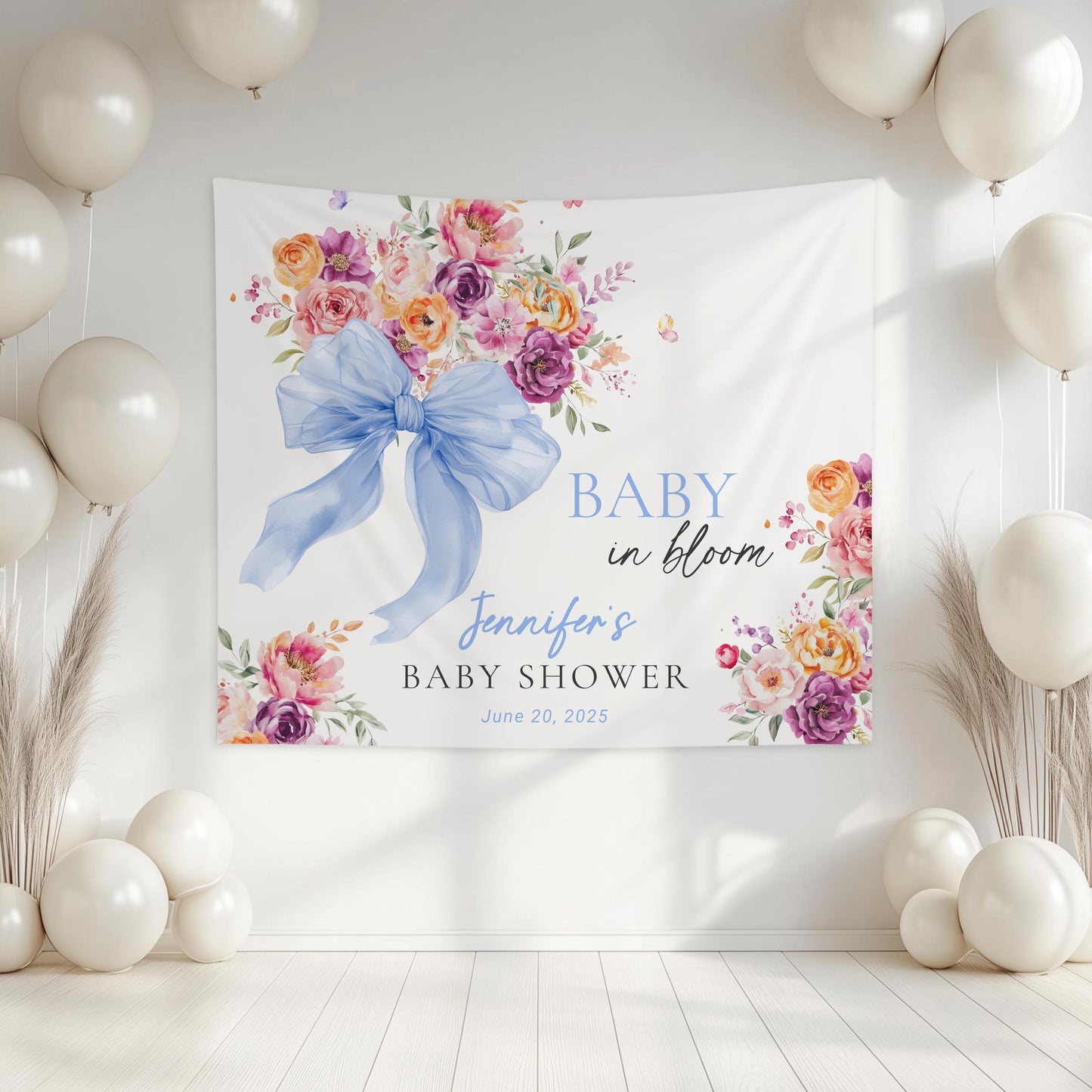 Baby in Bloom Baby Shower Decoration Custom Baby in Bloom Backdrop Pink Bow Photo Backdrop Spring Garden Shower Banner Floral Shower Sign - LAUMIANstudio