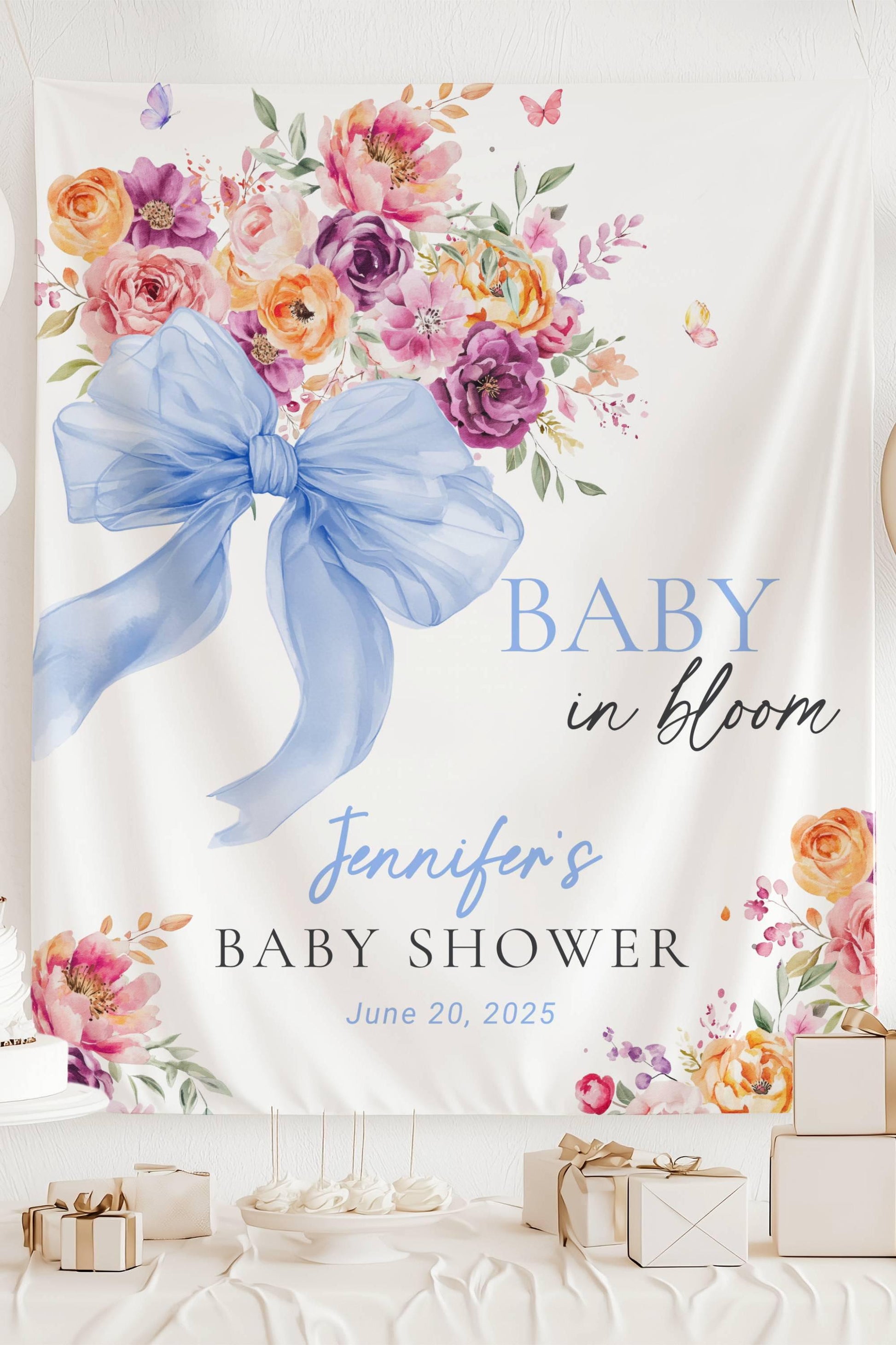 Personalized Boy Baby Bloom Sign Bow Blue Baby Bloom Backdrop Blue Baby in Bloom Baby Shower Decor Baby Boy Shower Photo Backdrop Blue Bow - LAUMIANstudio