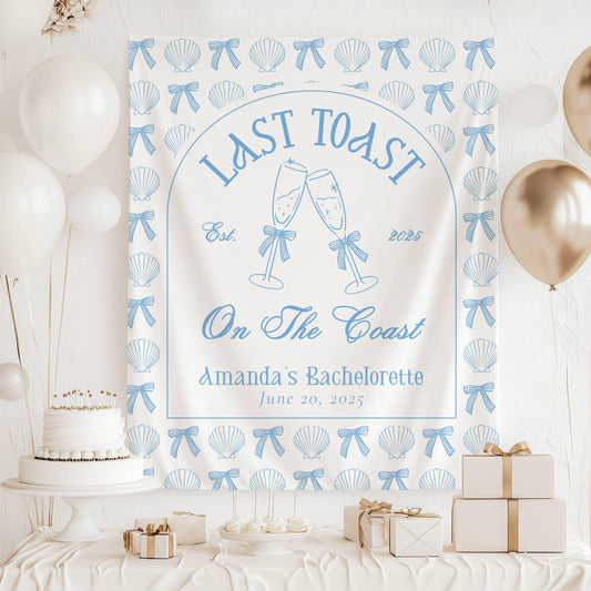 Custom Coastal Bachelorette Banner Pink Last Toast Backdrop Bow Champagne Bachelorette Party Backdrop Coastal Bach Weekend Sign Beach Party - LAUMIANstudio