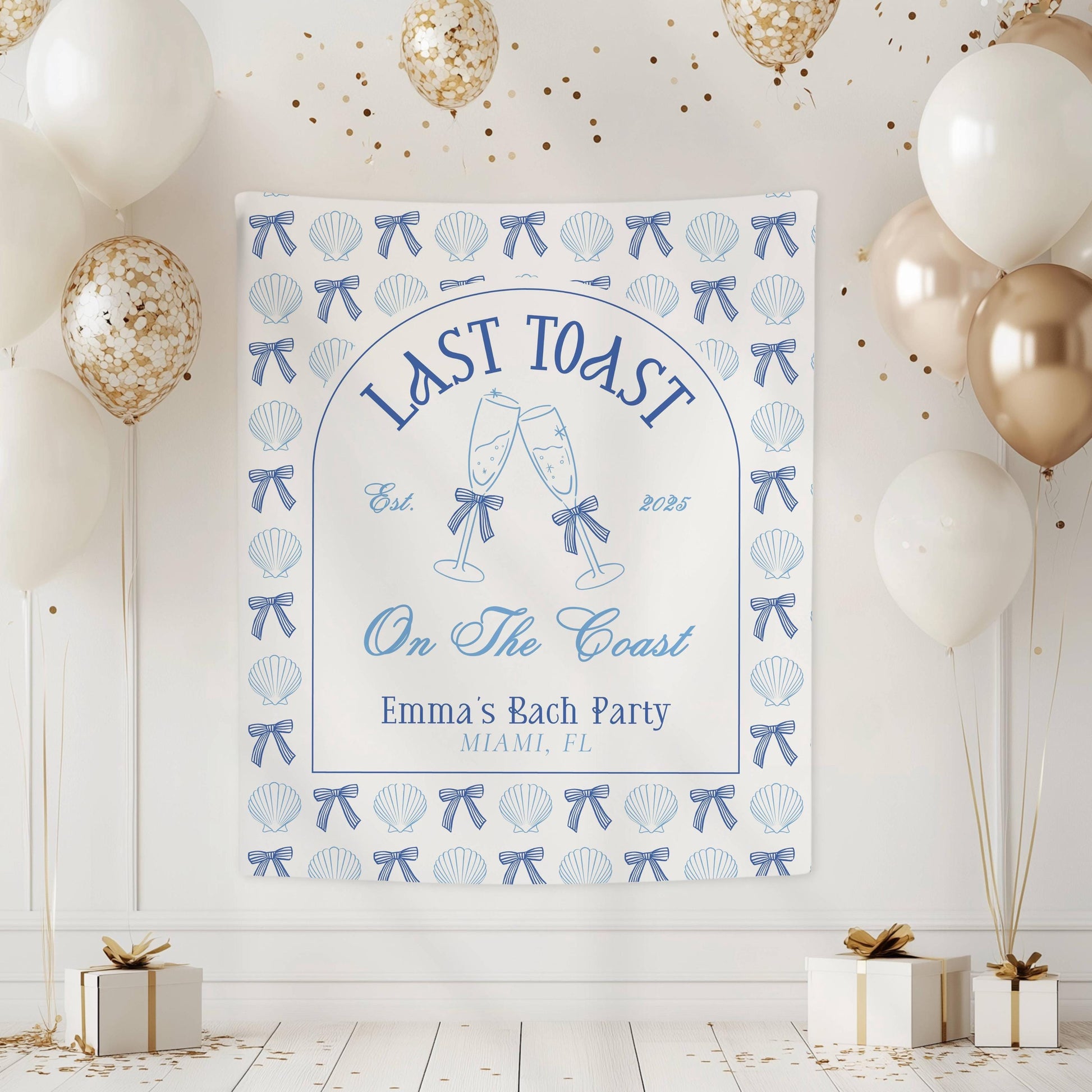 Custom Coastal Bachelorette Banner Pink Last Toast Backdrop Bow Champagne Bachelorette Party Backdrop Coastal Bach Weekend Sign Beach Party - LAUMIANstudio