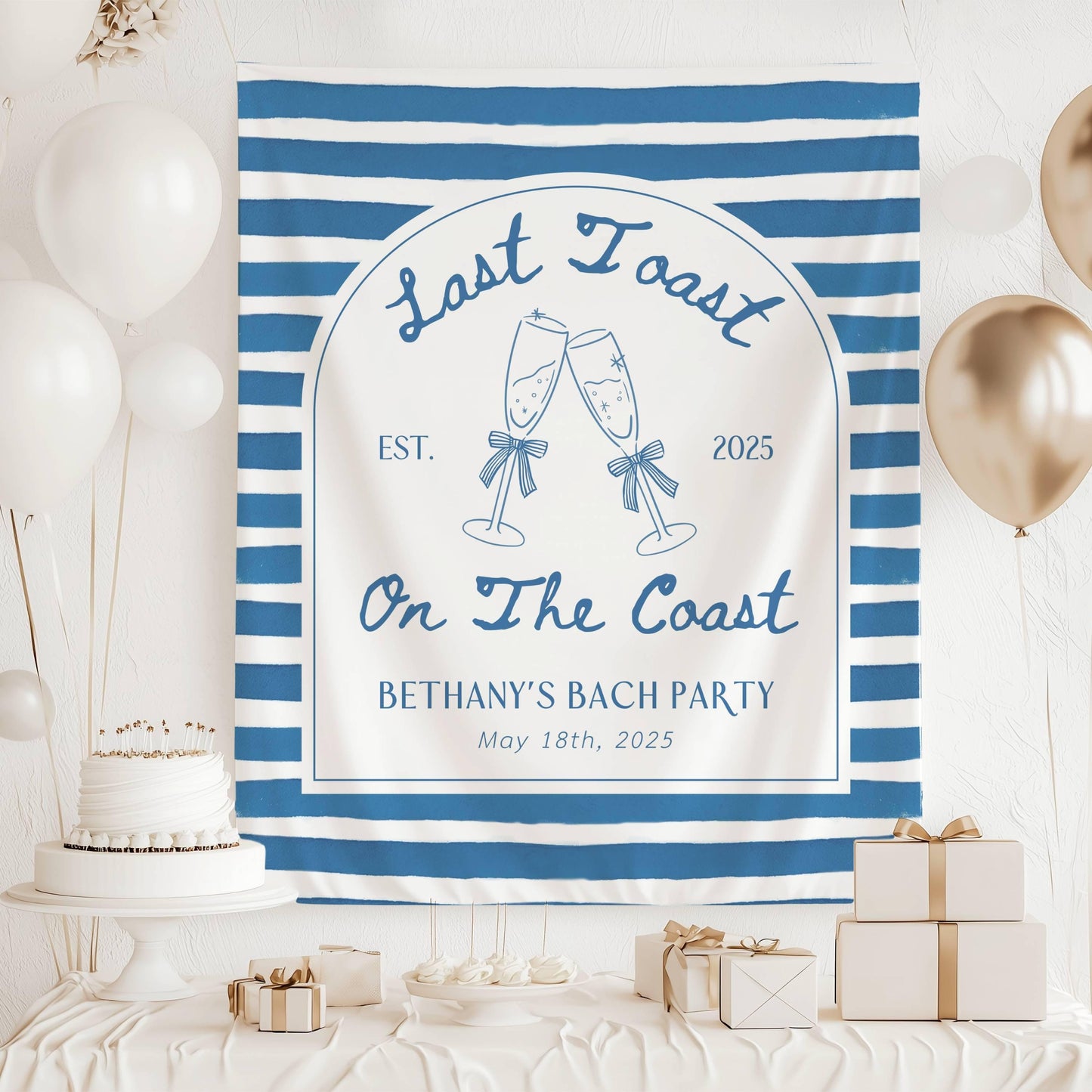 Last Toast on the Coast Banner Prosecco Beach Bridal Shower Backdrop Blue Coastal Bachelorette Fabric Sign Cocktail Party Decor Last Toast - LAUMIANstudio