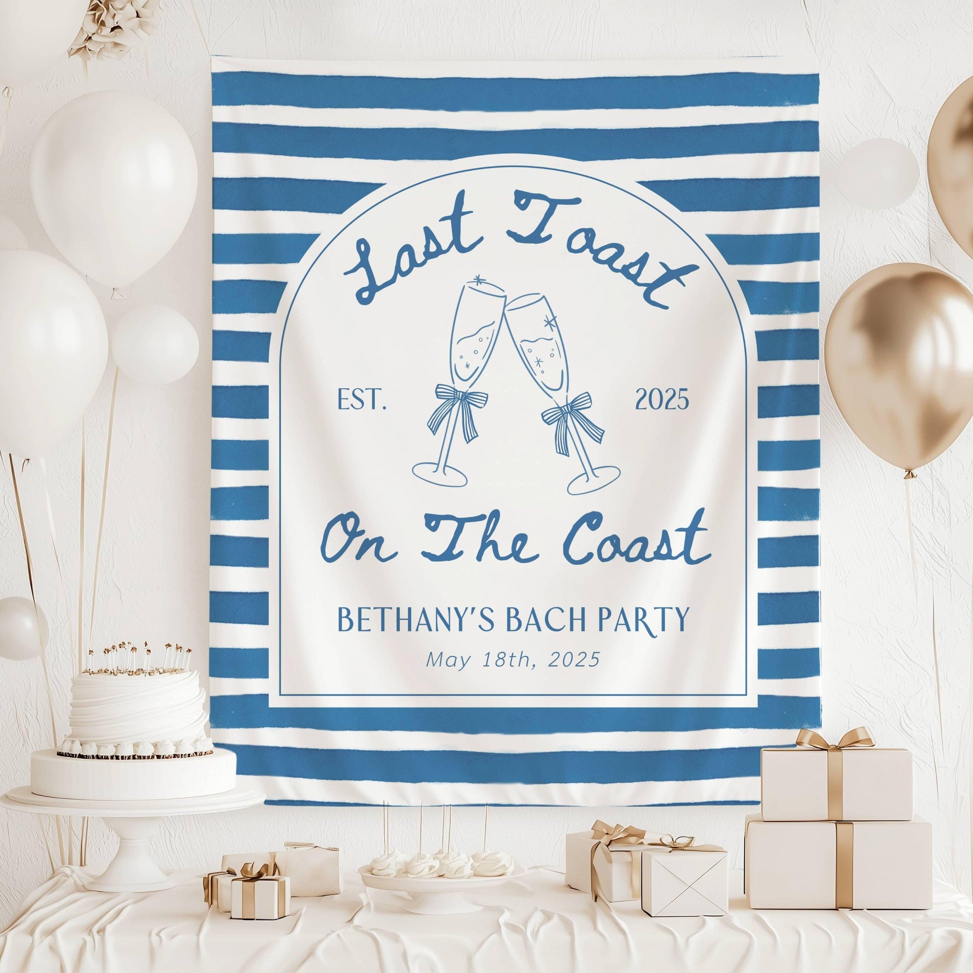 Last Toast on the Coast Banner Prosecco Beach Bridal Shower Backdrop Blue Coastal Bachelorette Fabric Sign Cocktail Party Decor Last Toast - LAUMIANstudio