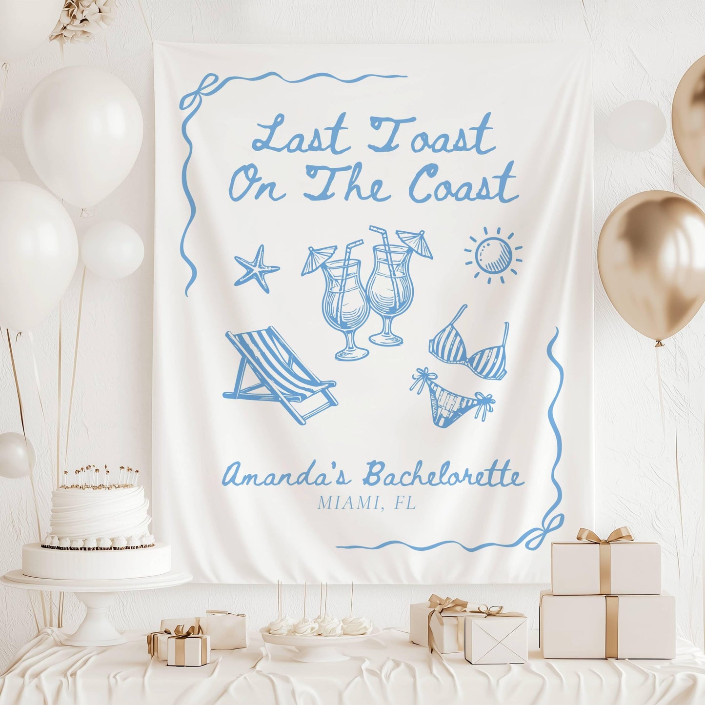 Personalized Pink Last Toast Coast Bachelorette Banner Girly Bikini Bridal Shower Banner Pink Coastal Bachelorette Backdrop Cocktail Beach - LAUMIANstudio