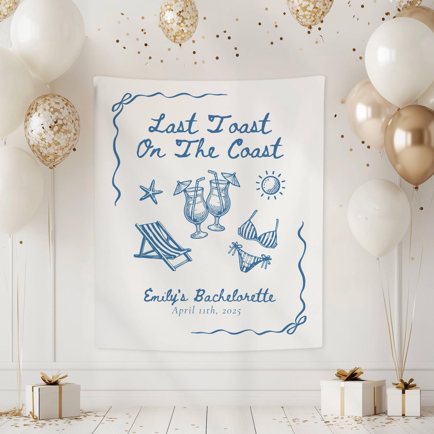 Custom Last Toast on the Coast Backdrop Blue Cocktail Bikini Banner Coastal Bridal Shower Tapestry Summer Bachelorette Party Welcome Sign - LAUMIANstudio