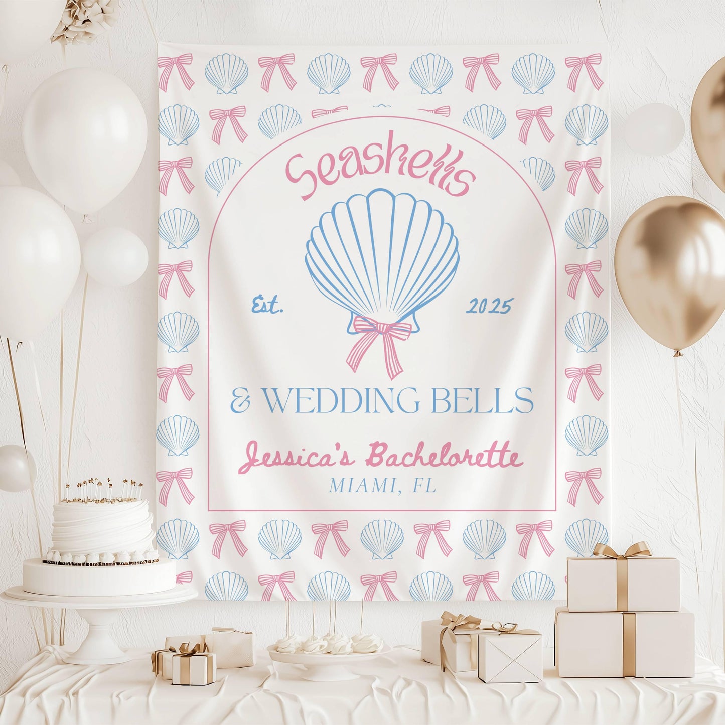Seashells and Wedding Bells Banner Beach Bach Decor Seashell Coastal Girl Trip Backdrop Florida Bachelorette Banner Beach Bridal Shower Sign - LAUMIANstudio