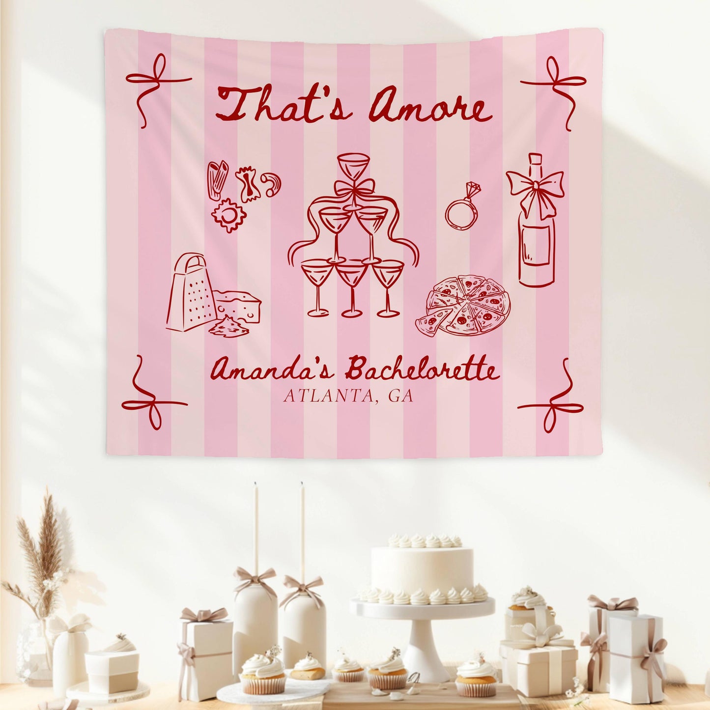 Thats Amore Bachelorette Banner: Lineart Graphics Italian Bridal Shower Decor Pink Red Striped - LAUMIANstudio