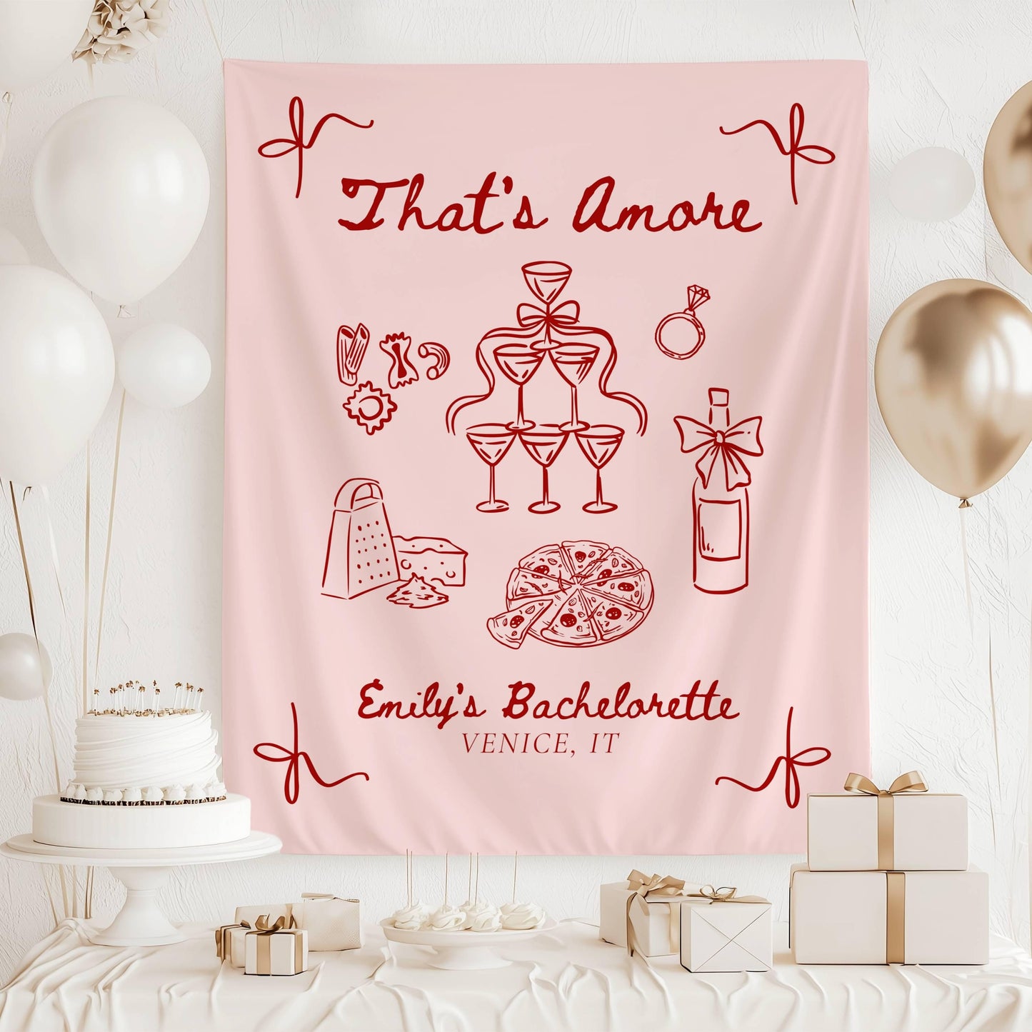 Thats Amore Bachelorette Banner: Lineart Graphics Italian Bridal Shower Decor Pink Red Striped - LAUMIANstudio