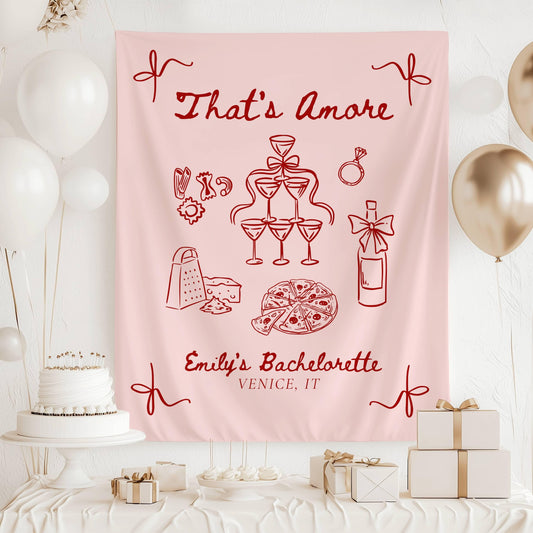 Thats Amore Bachelorette Banner: Lineart Graphics Italian Bridal Shower Decor Pink Red Striped - LAUMIANstudio