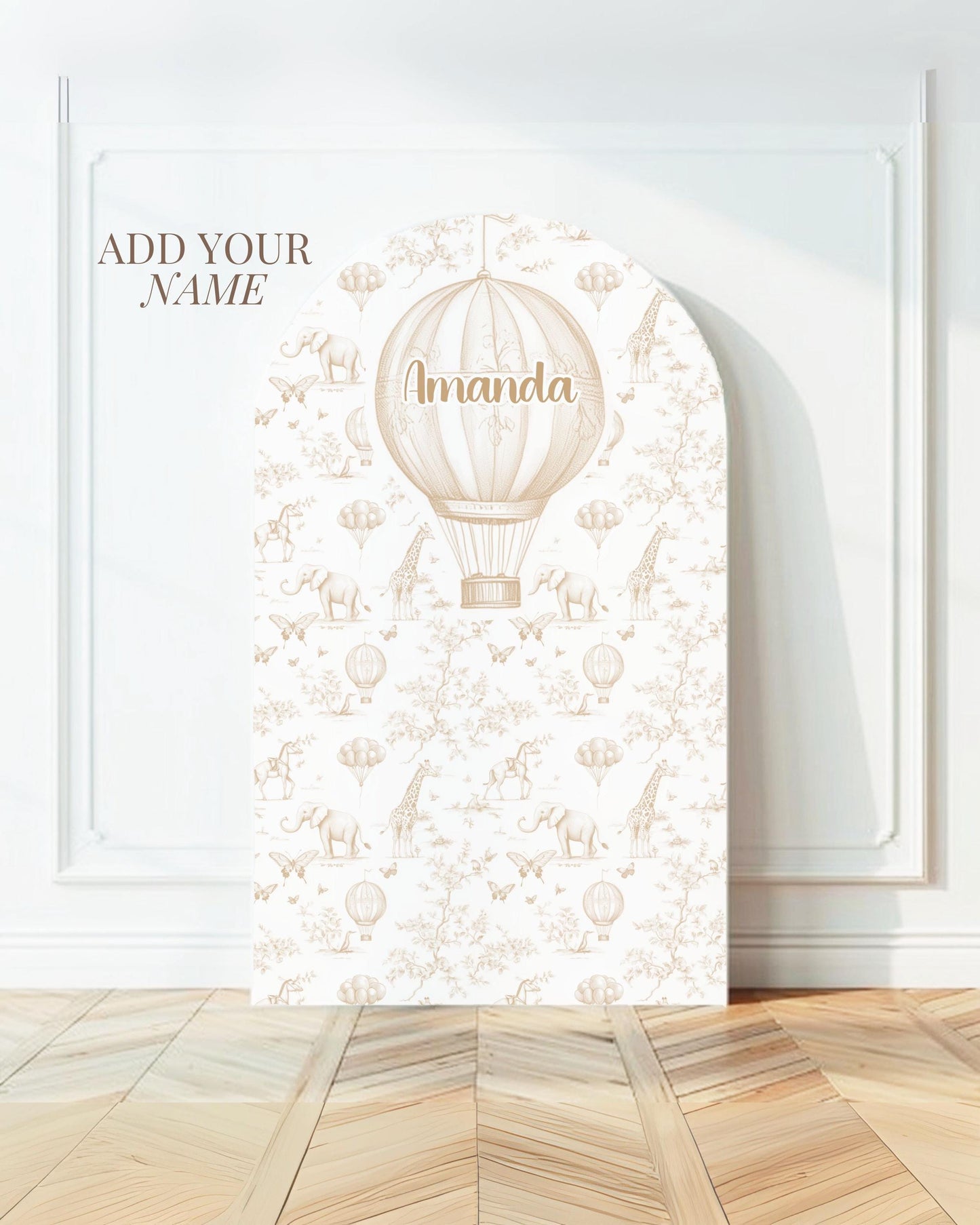 Beige Safari Birthday Party Arch Backdrop Custom Name Hot Air Balloon Decoration Toile 1st Birthday Decor Neutral Toile de Jouy Party Decor - LAUMIANstudio