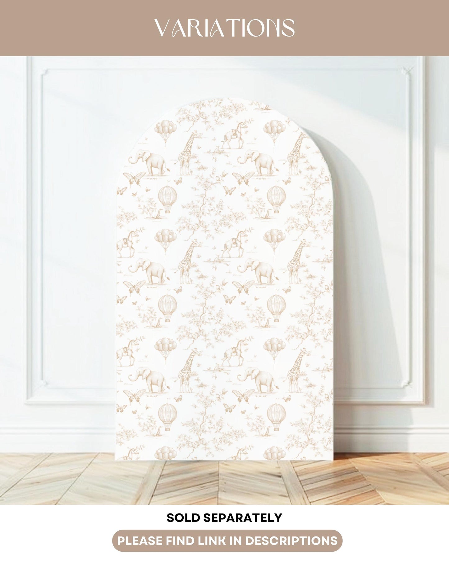 Beige Safari Birthday Party Arch Backdrop Custom Name Hot Air Balloon Decoration Toile 1st Birthday Decor Neutral Toile de Jouy Party Decor - LAUMIANstudio