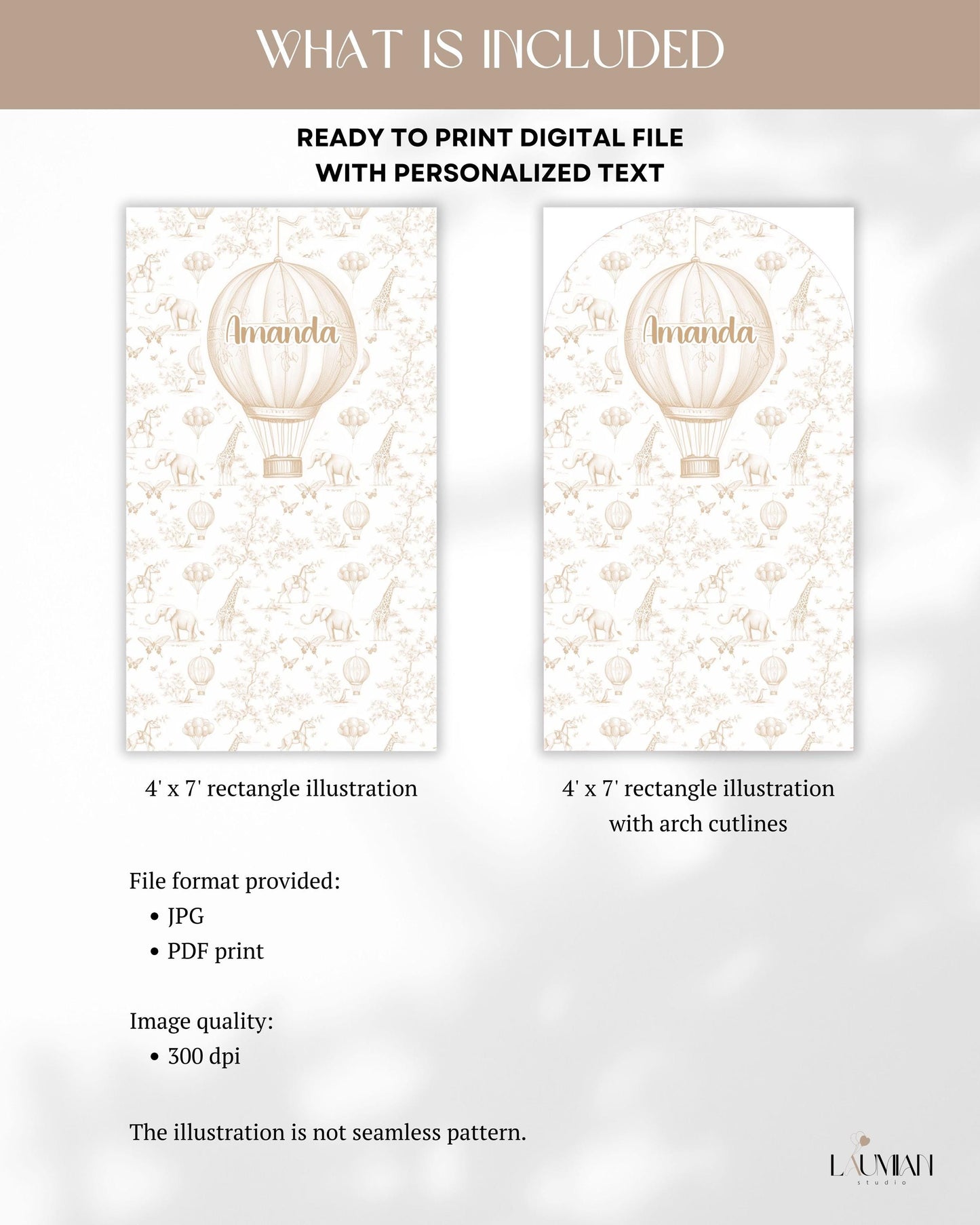 Beige Safari Birthday Party Arch Backdrop Custom Name Hot Air Balloon Decoration Toile 1st Birthday Decor Neutral Toile de Jouy Party Decor - LAUMIANstudio