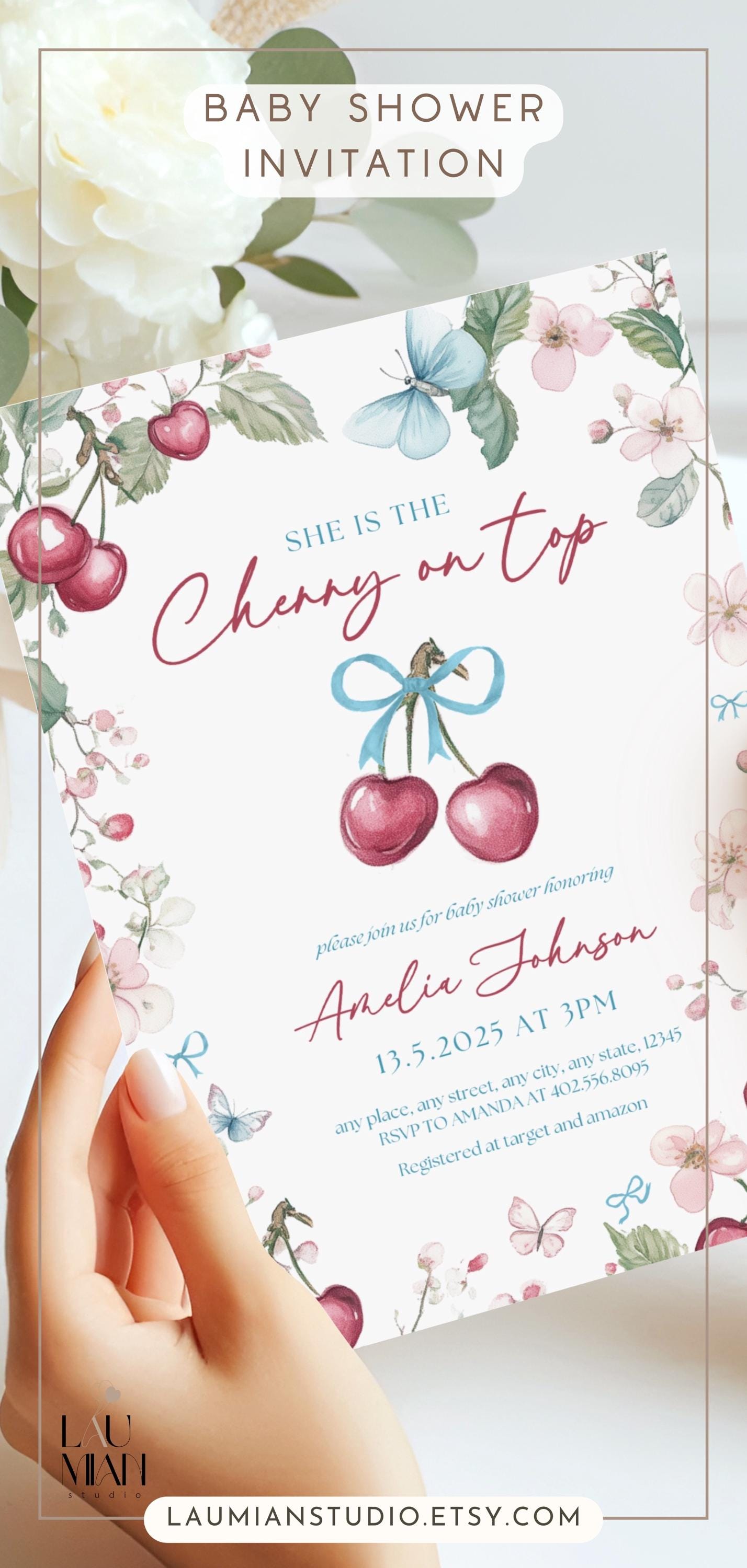 Cherry On Top Invitation Cherry Spring Baby Shower Invite Cherry Baby Shower Invitation Baby in Bloom Invite Cherry Blue Bow Baby Shower - LAUMIANstudio
