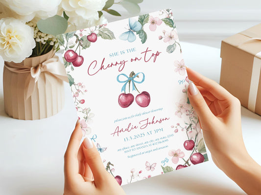 Cherry On Top Invitation Cherry Spring Baby Shower Invite Cherry Baby Shower Invitation Baby in Bloom Invite Cherry Blue Bow Baby Shower - LAUMIANstudio